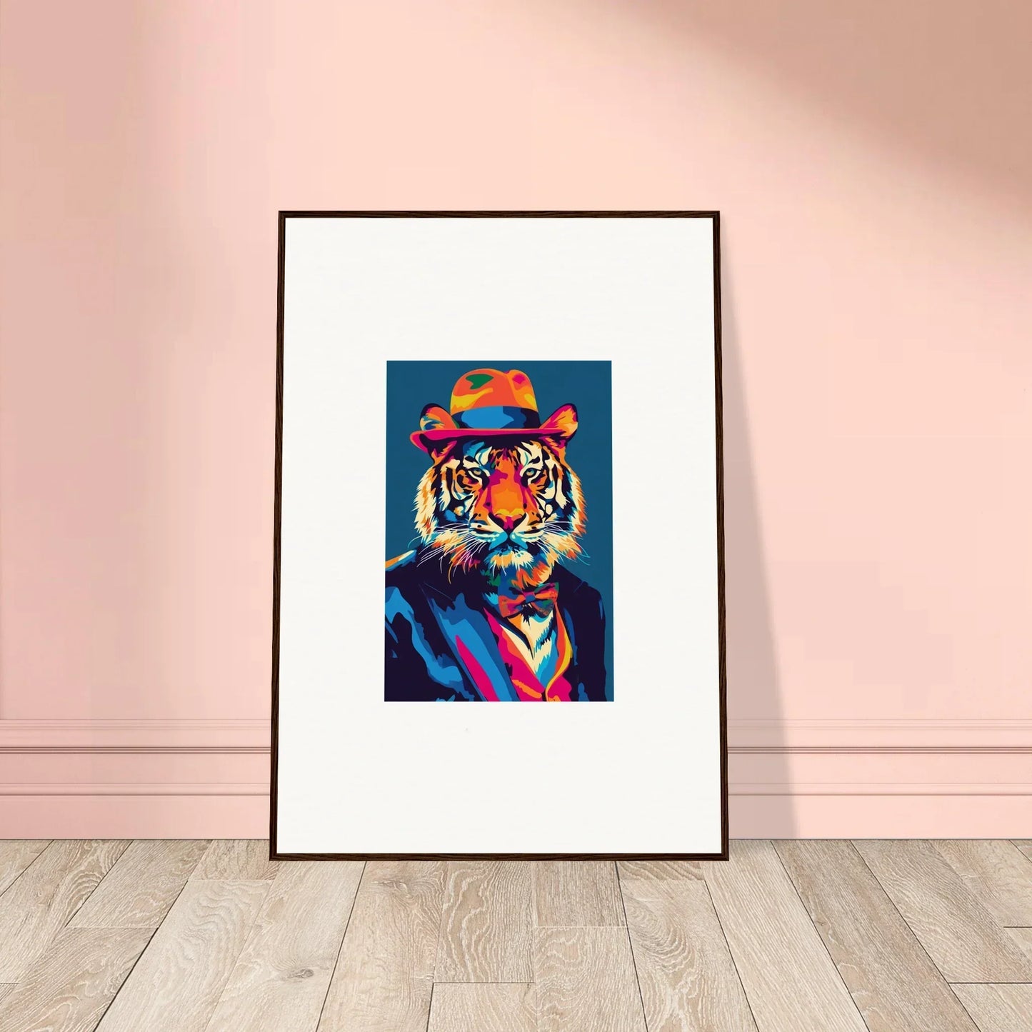 Framed colorful pop art of a tiger in a hat and tie for psychedelic regal room decor