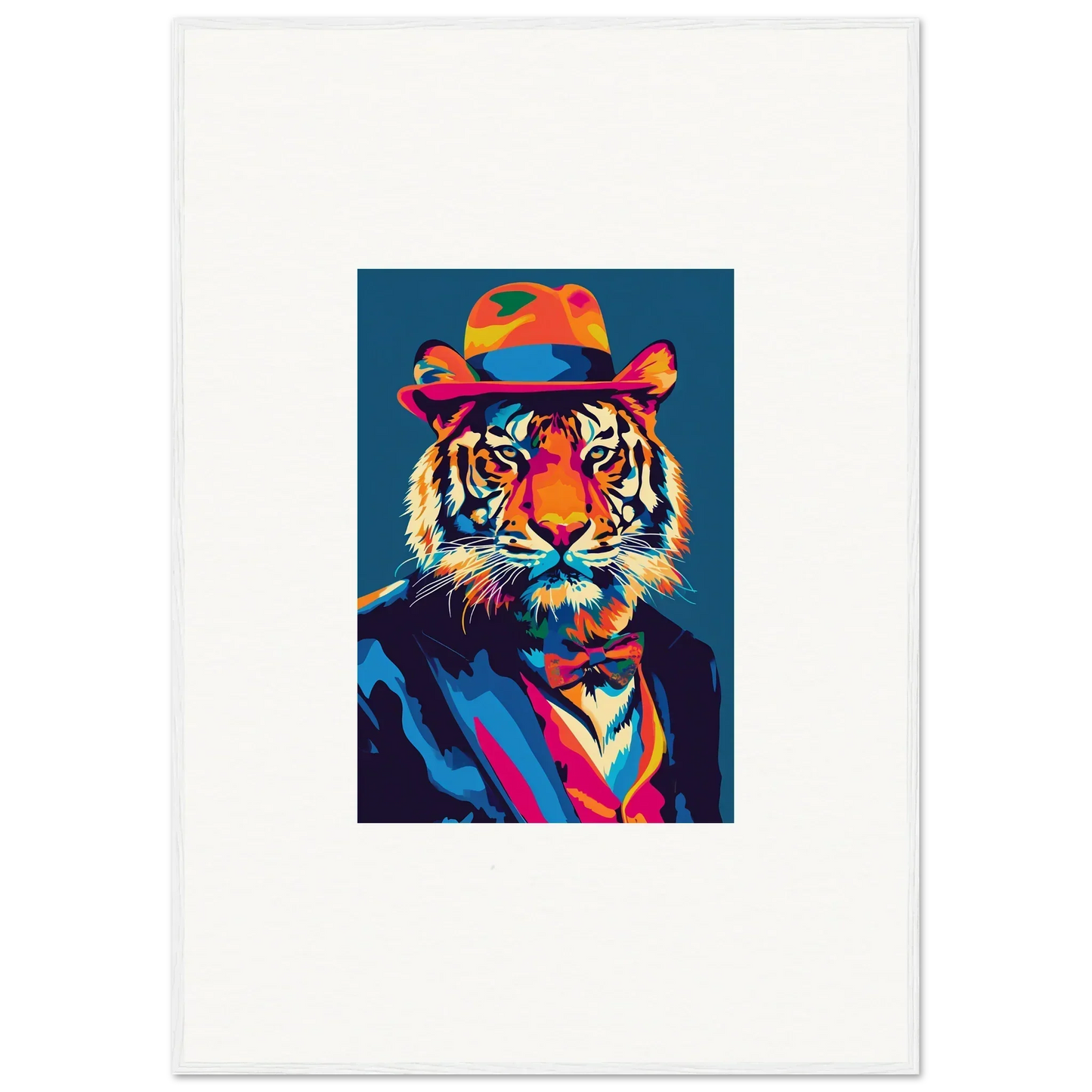 Colorful pop art tiger in a suit, perfect for Psychedelic Regal room decor