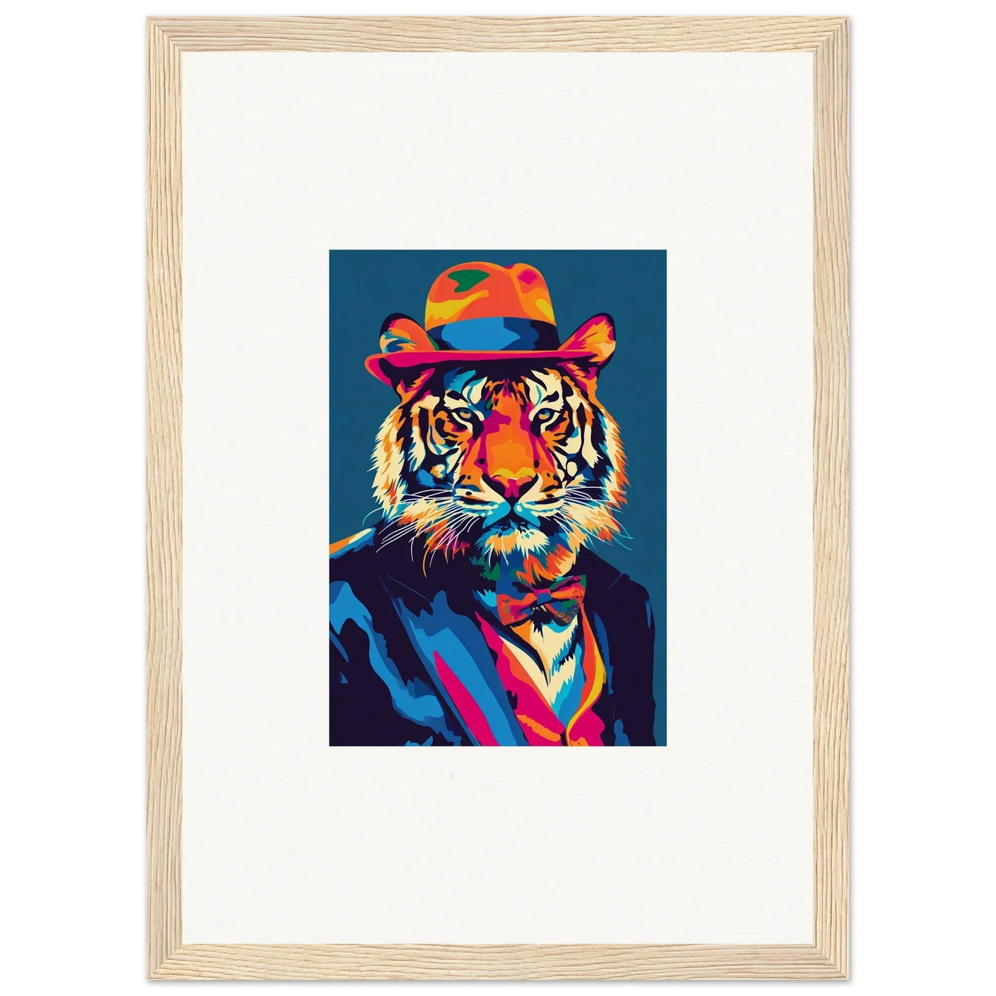 Colorful pop art tiger in hat and suit for psychedelic regal room decor framed wall art