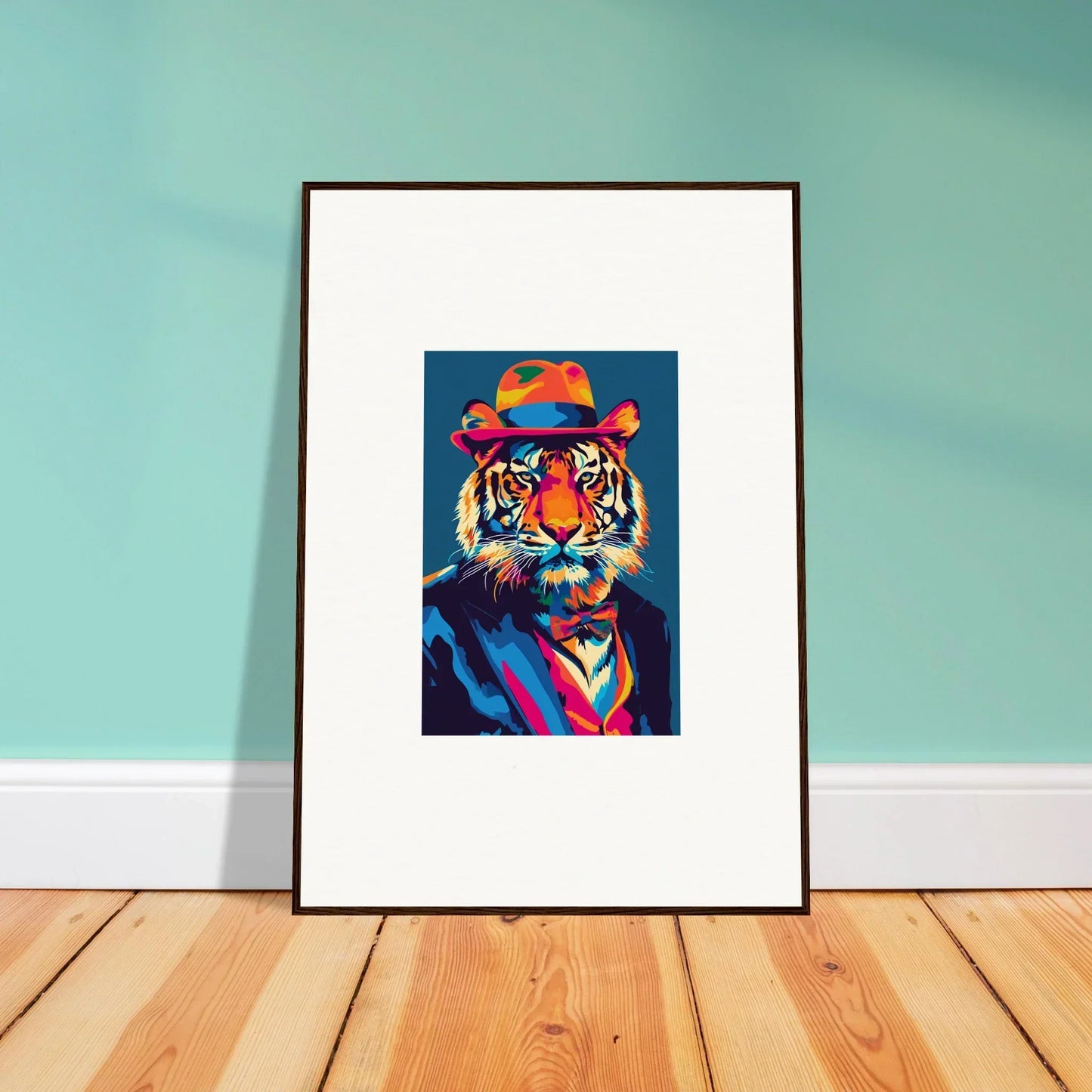 Framed colorful portrait of a tiger in a hat and tie for psychedelic regal room decor