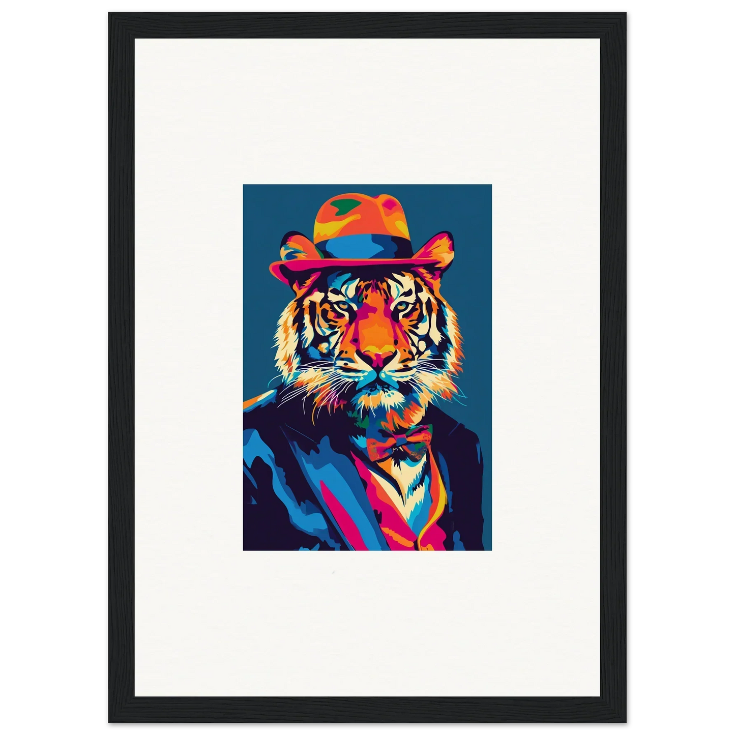 Colorful pop art tiger in a suit, perfect for psychedelic regal room decor