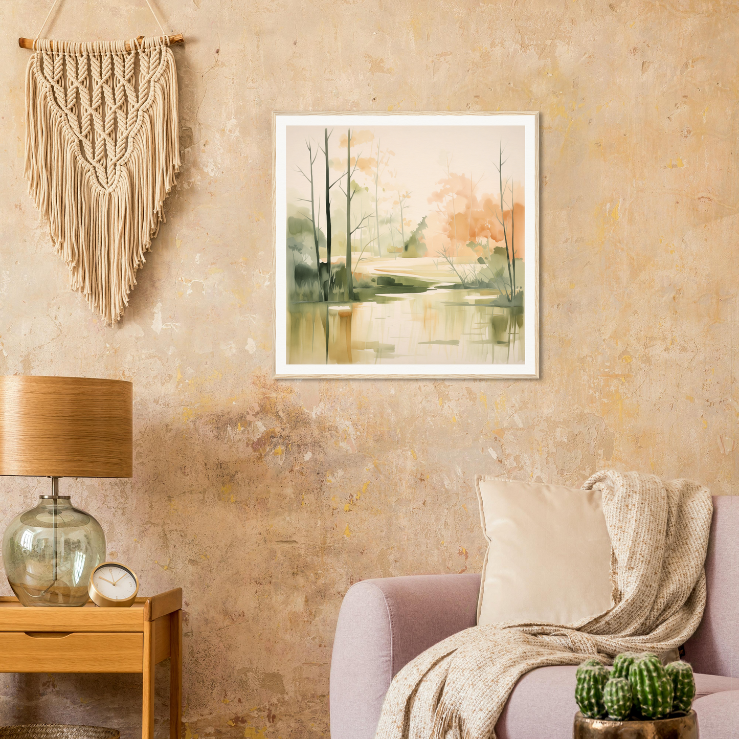Framed watercolor landscape in muted green and beige from Subtle Wonderland Flutter