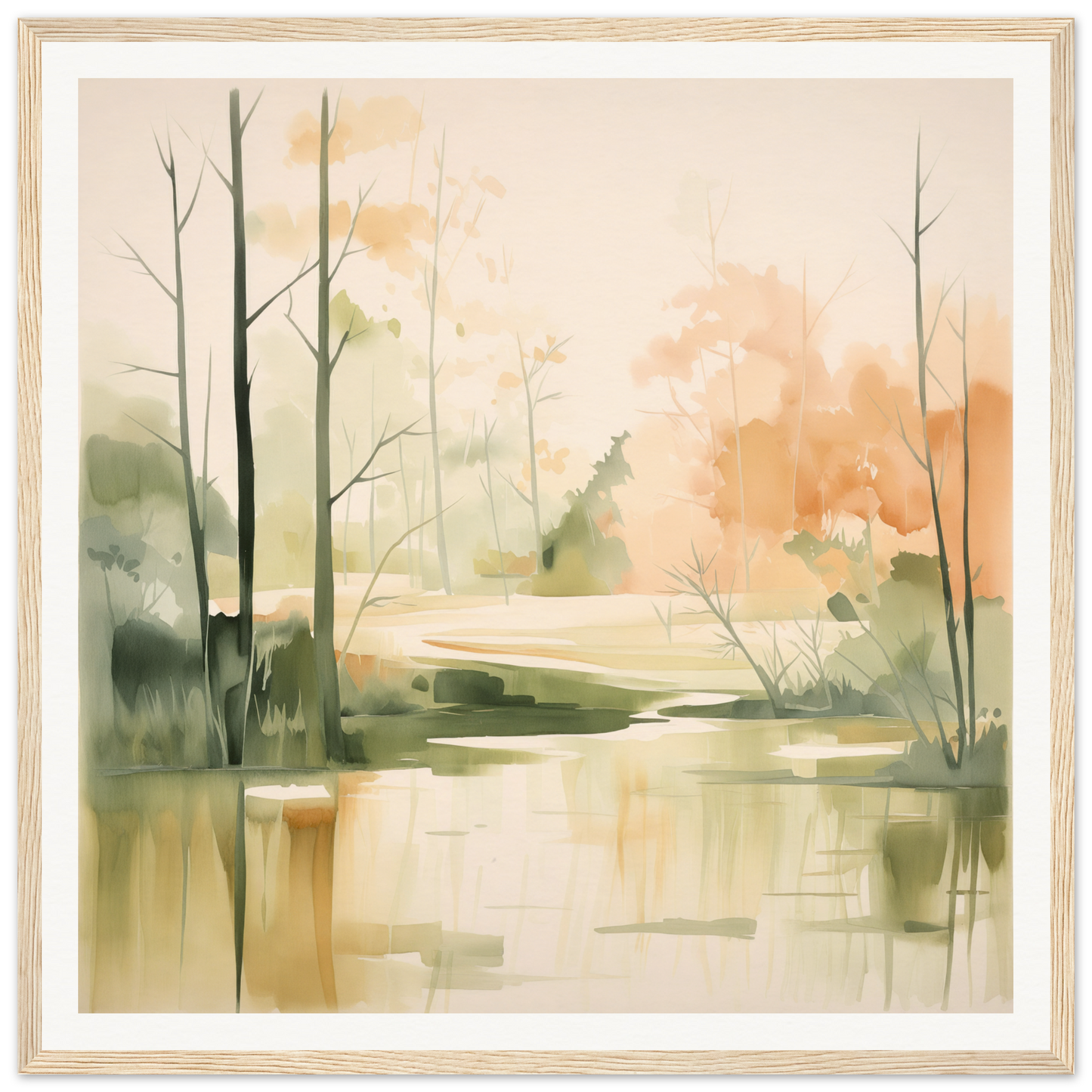 Watercolor painting of a tranquil pond in Subtle Wonderland Flutter with autumn trees
