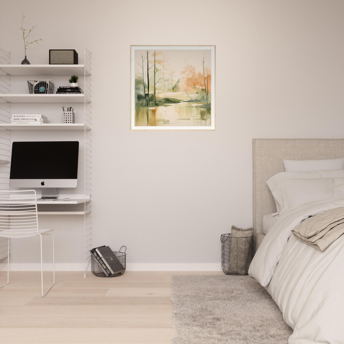 Minimalist bedroom design featuring floating shelves and Subtle Wonderland Flutter artwork