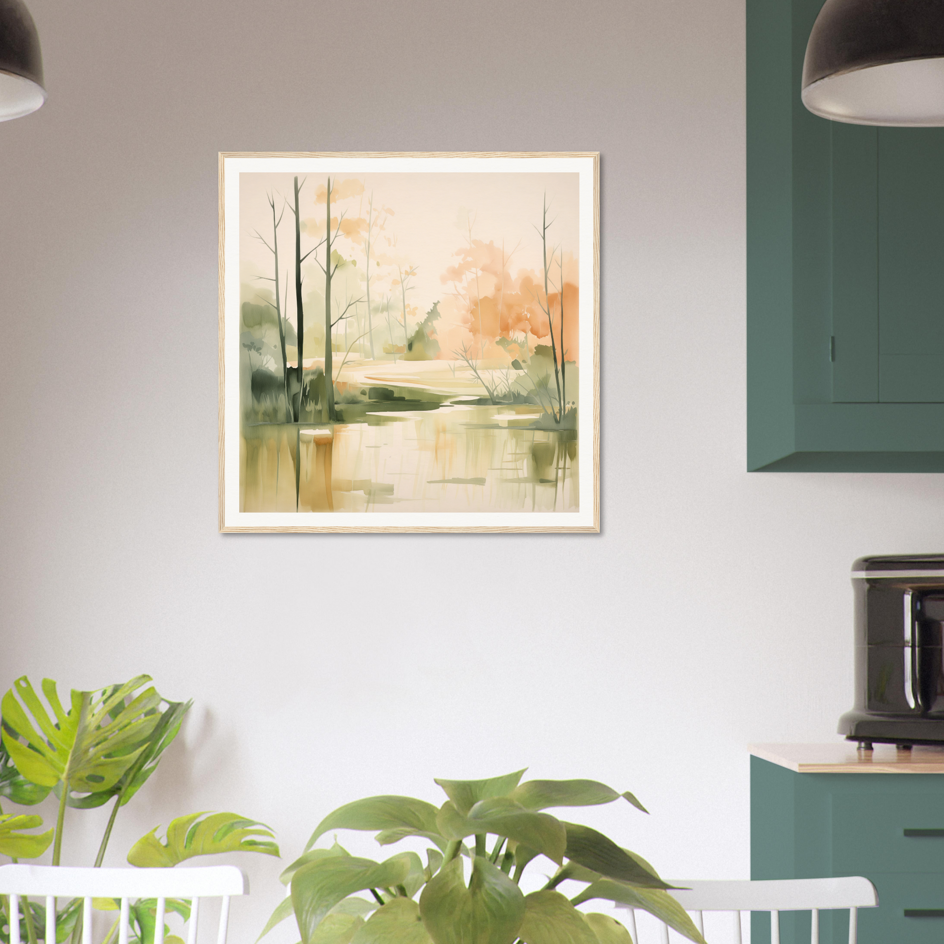 Framed watercolor landscape of trees and water in muted earth tones, Subtle Wonderland Flutter