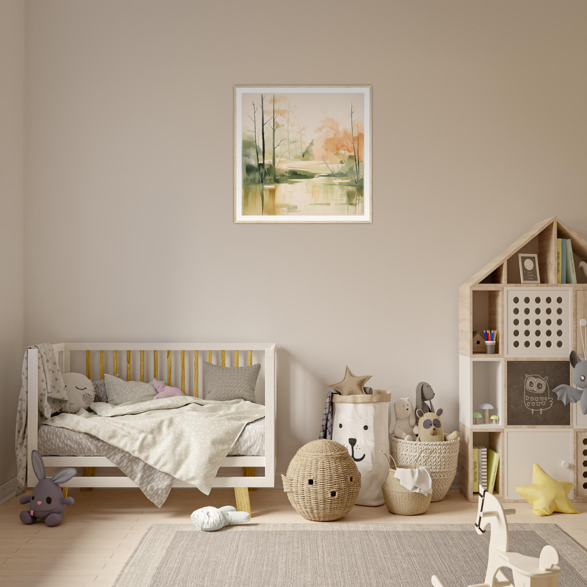 White wooden crib with gray cushioning and yellow accents from Subtle Wonderland Flutter