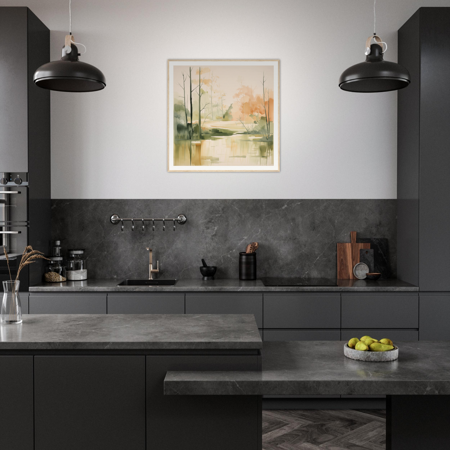 Modern dark kitchen with matte black cabinets and industrial lights in Subtle Wonderland Flutter