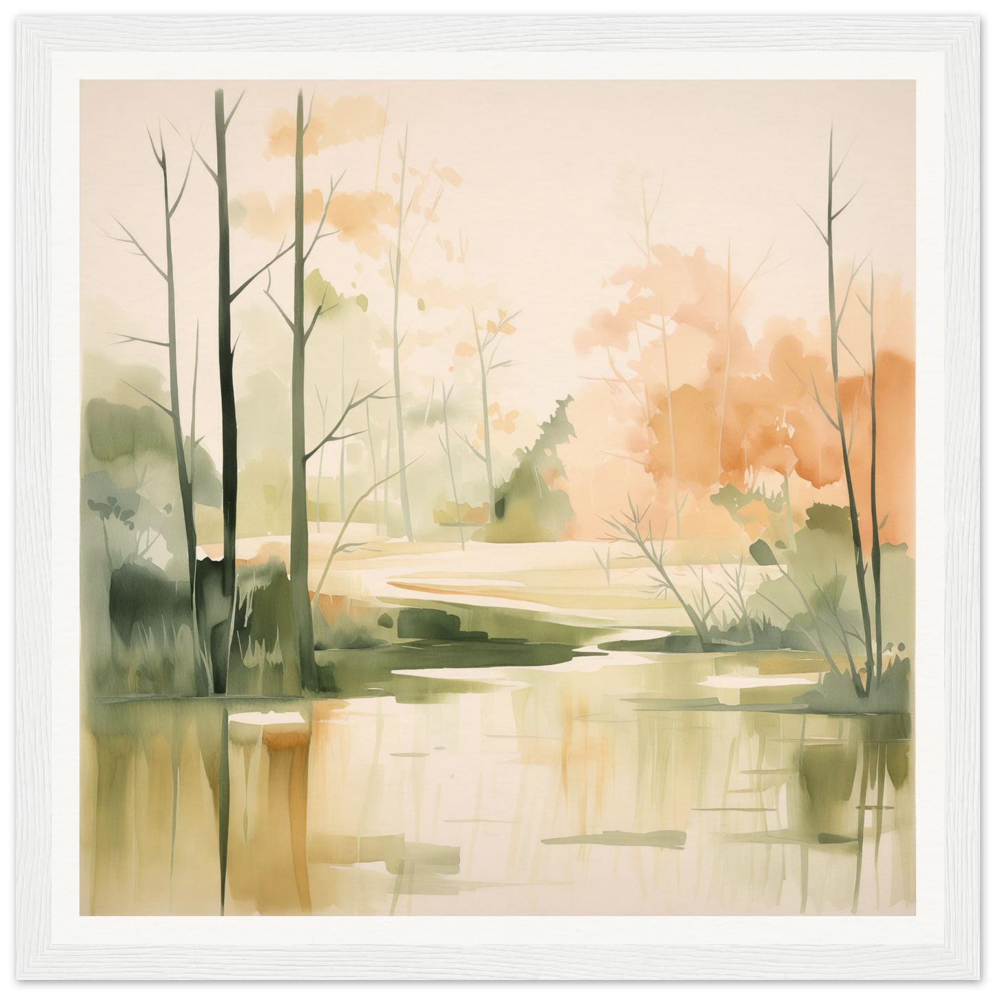 Watercolor painting of a tranquil forest pond in the Subtle Wonderland Flutter collection