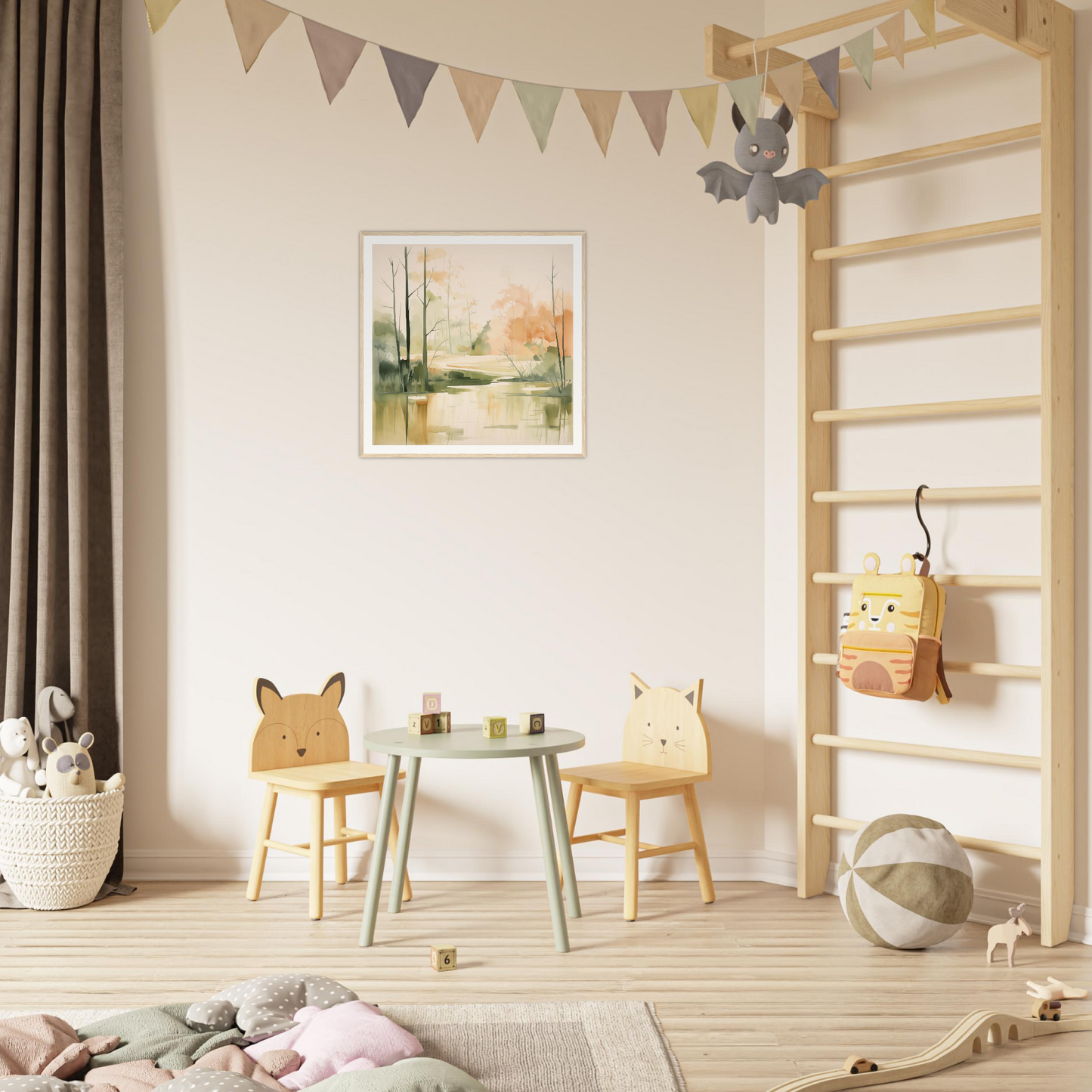 Children’s play area featuring animal-themed chairs and mint green table from Subtle Wonderland Flutter