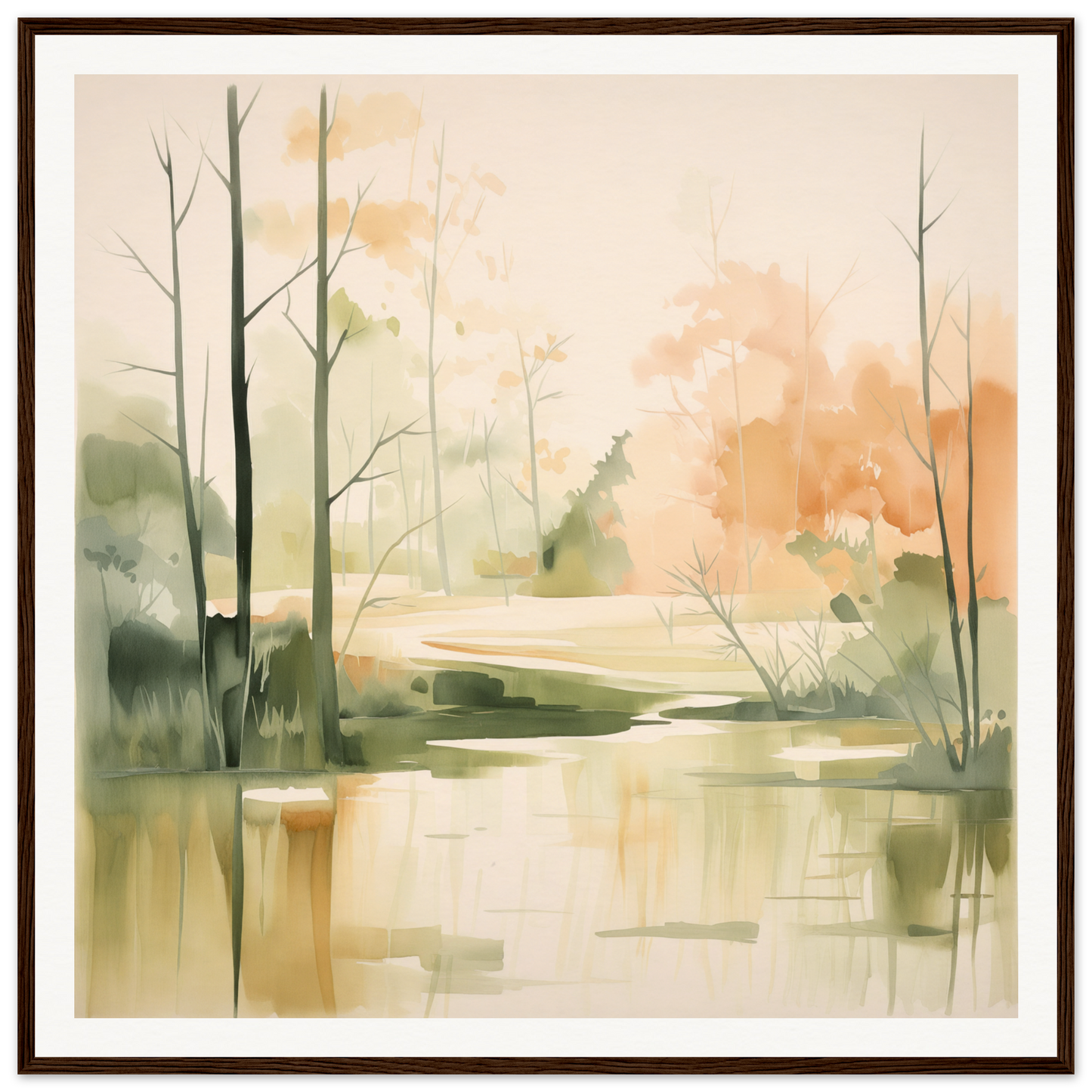Watercolor painting of a tranquil forest pond in Subtle Wonderland Flutter