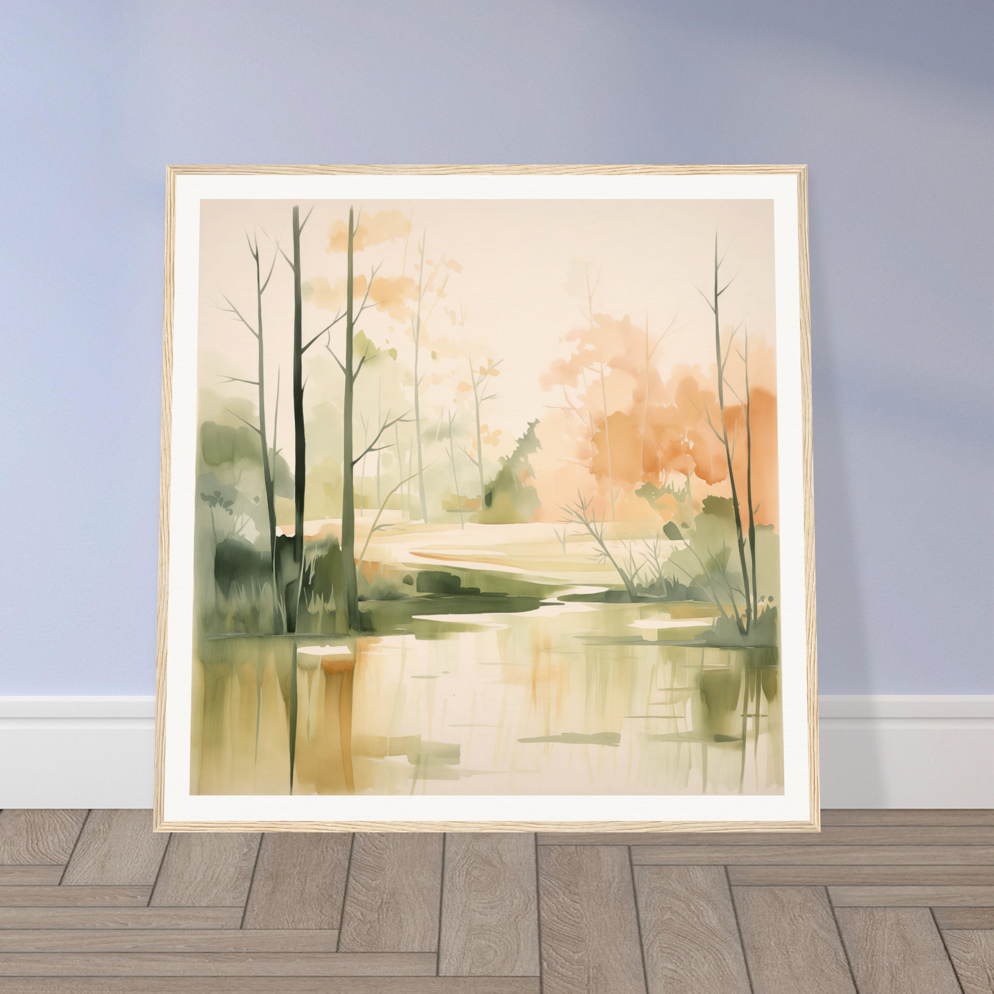 Framed watercolor of a misty forest with reflective pond for Subtle Wonderland Flutter