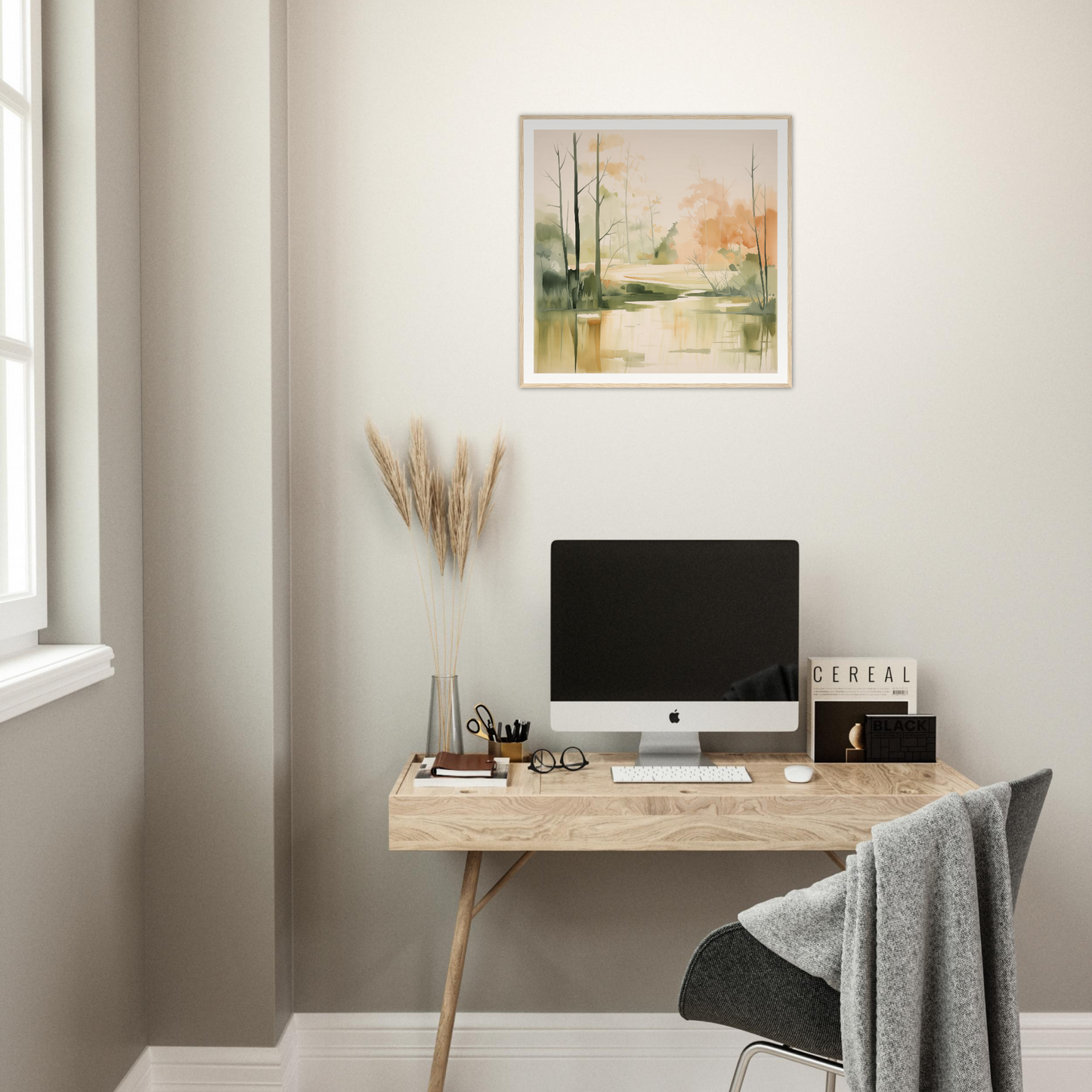 Minimalist wooden desk with iMac computer and accessories from Subtle Wonderland Flutter
