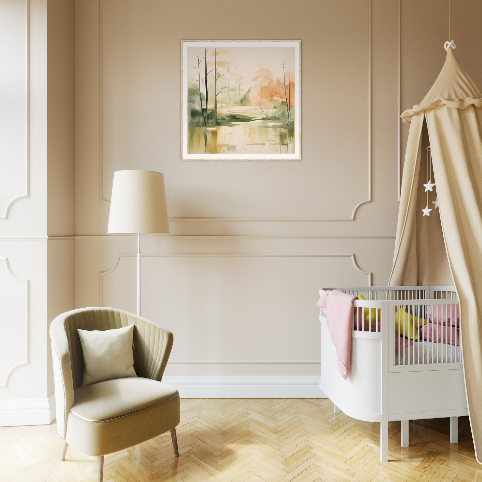 Modern white crib with canopy in Subtle Wonderland Flutter design for stylish nurseries