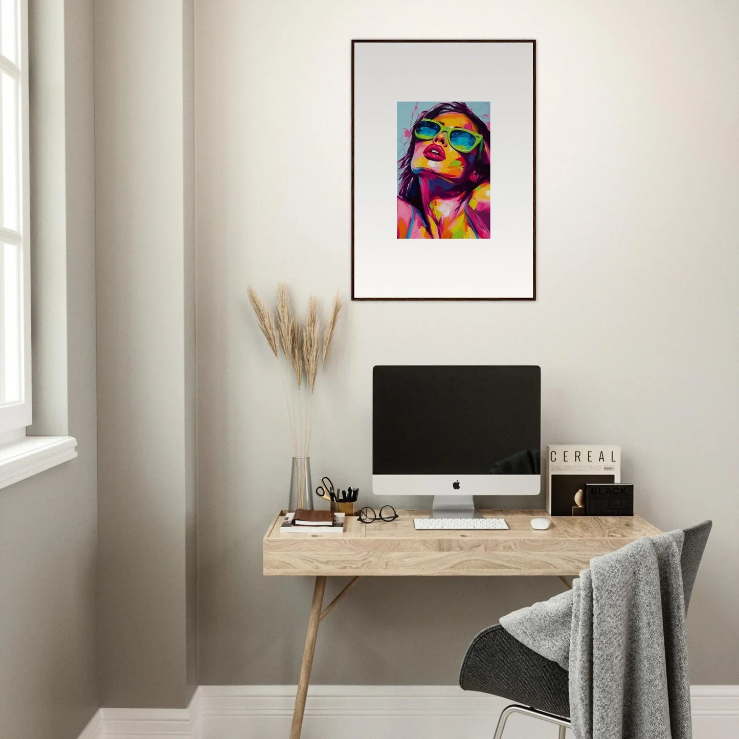 Colorful pop art portrait in sunglasses, perfect for a chromatic sanctuary wall decor