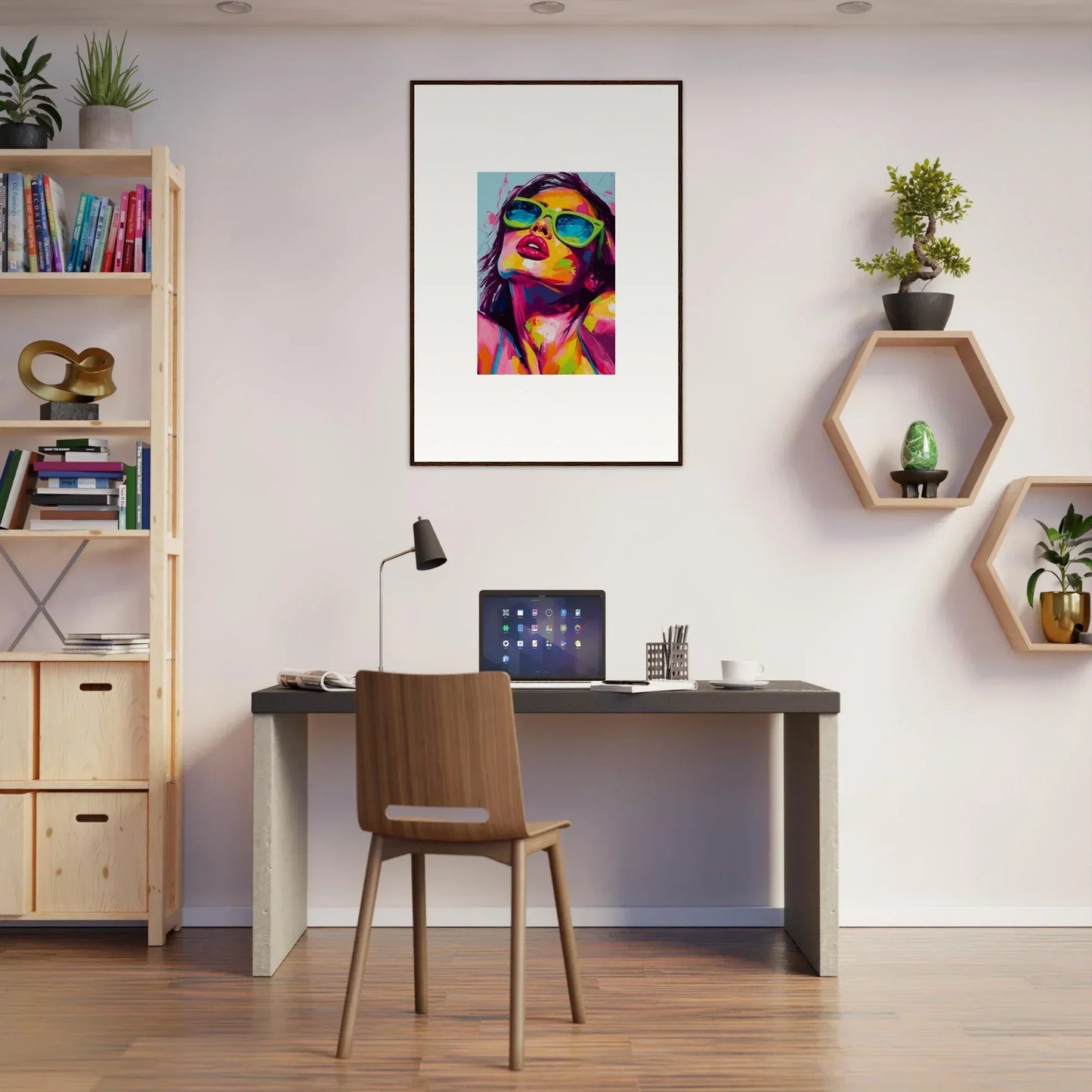 Colorful pop art portrait in sunglasses, perfect for a Chromatic Sanctuary room decor