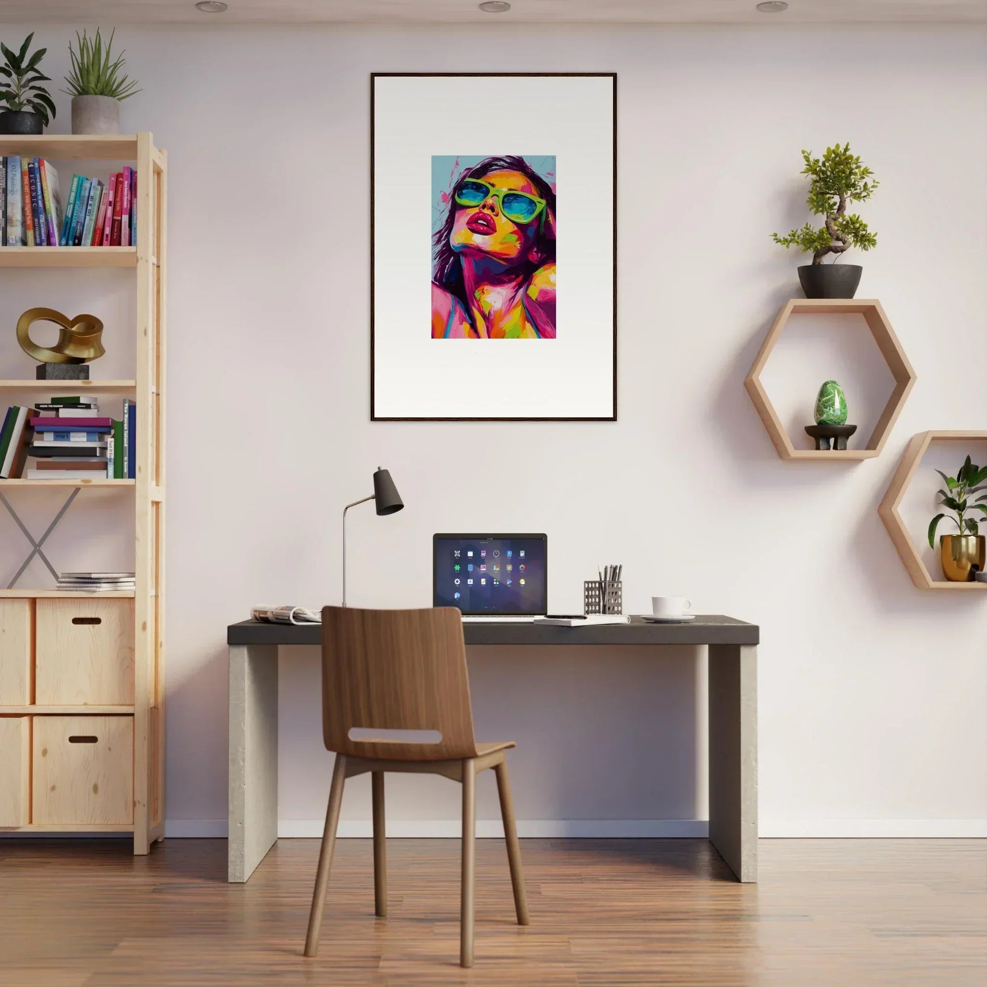Colorful pop art portrait in sunglasses, perfect for a Chromatic Sanctuary room decor