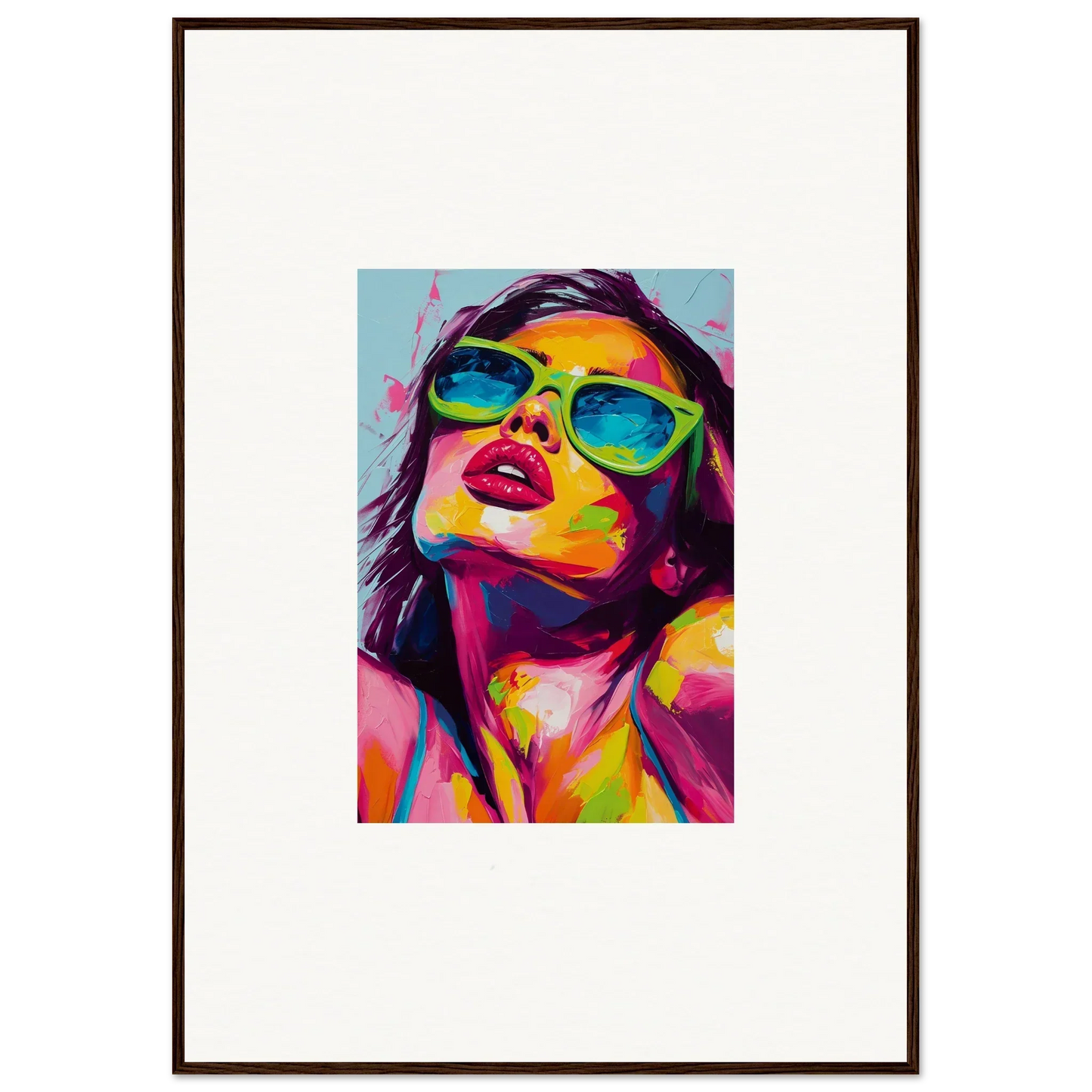 Colorful pop art portrait with blue sunglasses for chromatic sanctuary room decor