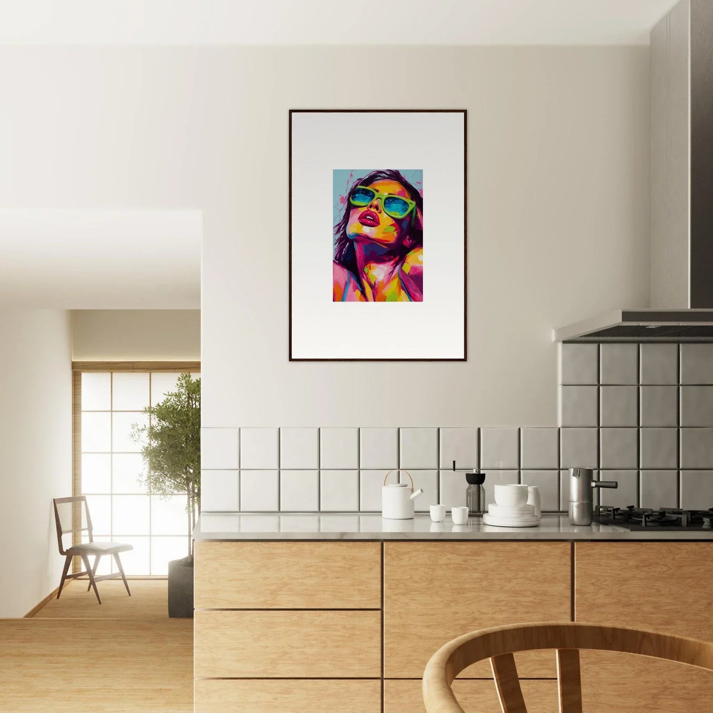 Colorful pop art portrait with sunglasses as framed wall art in Chromatic Sanctuary decor