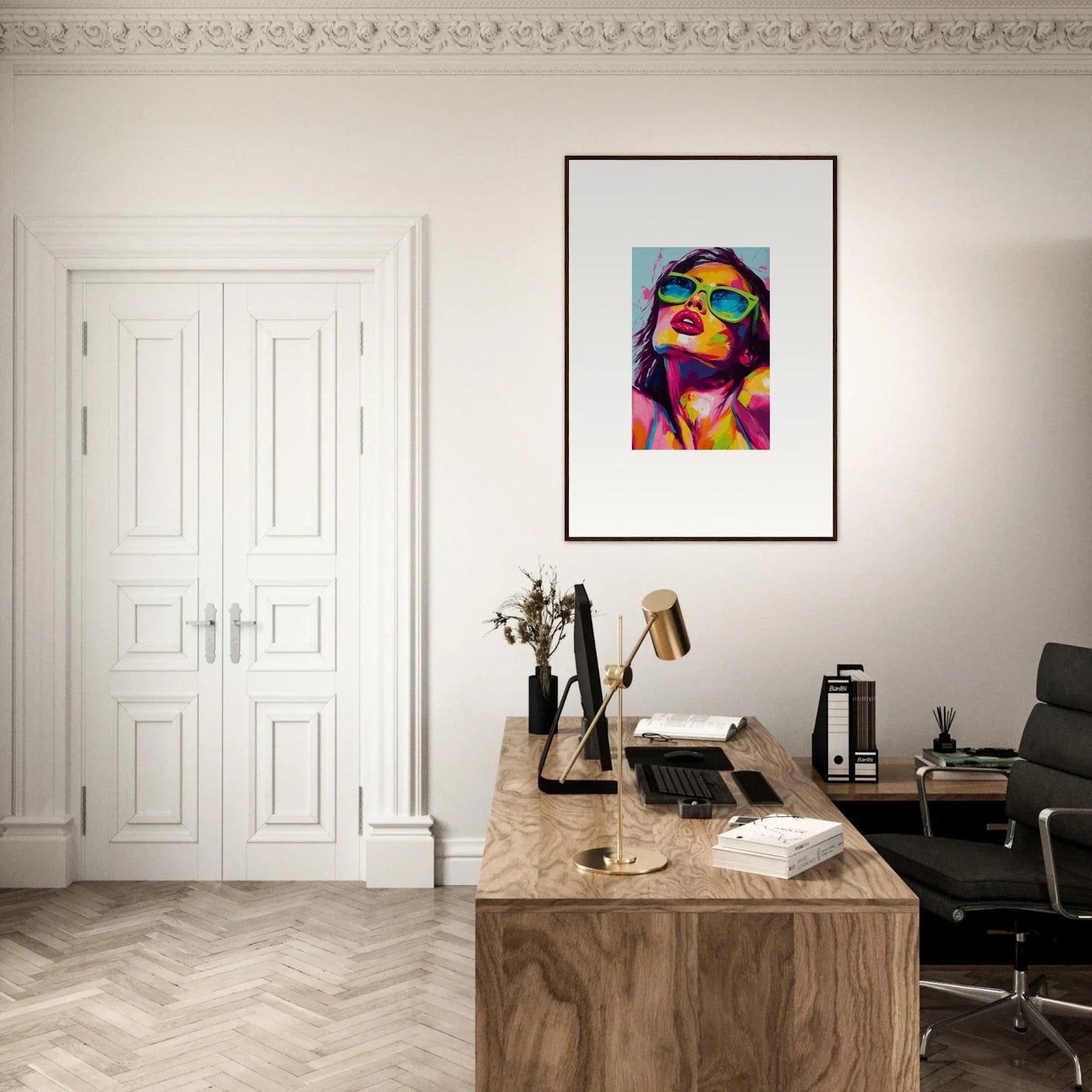 Stylish home office with wooden desk and framed wall art in a colorful chromatic sanctuary