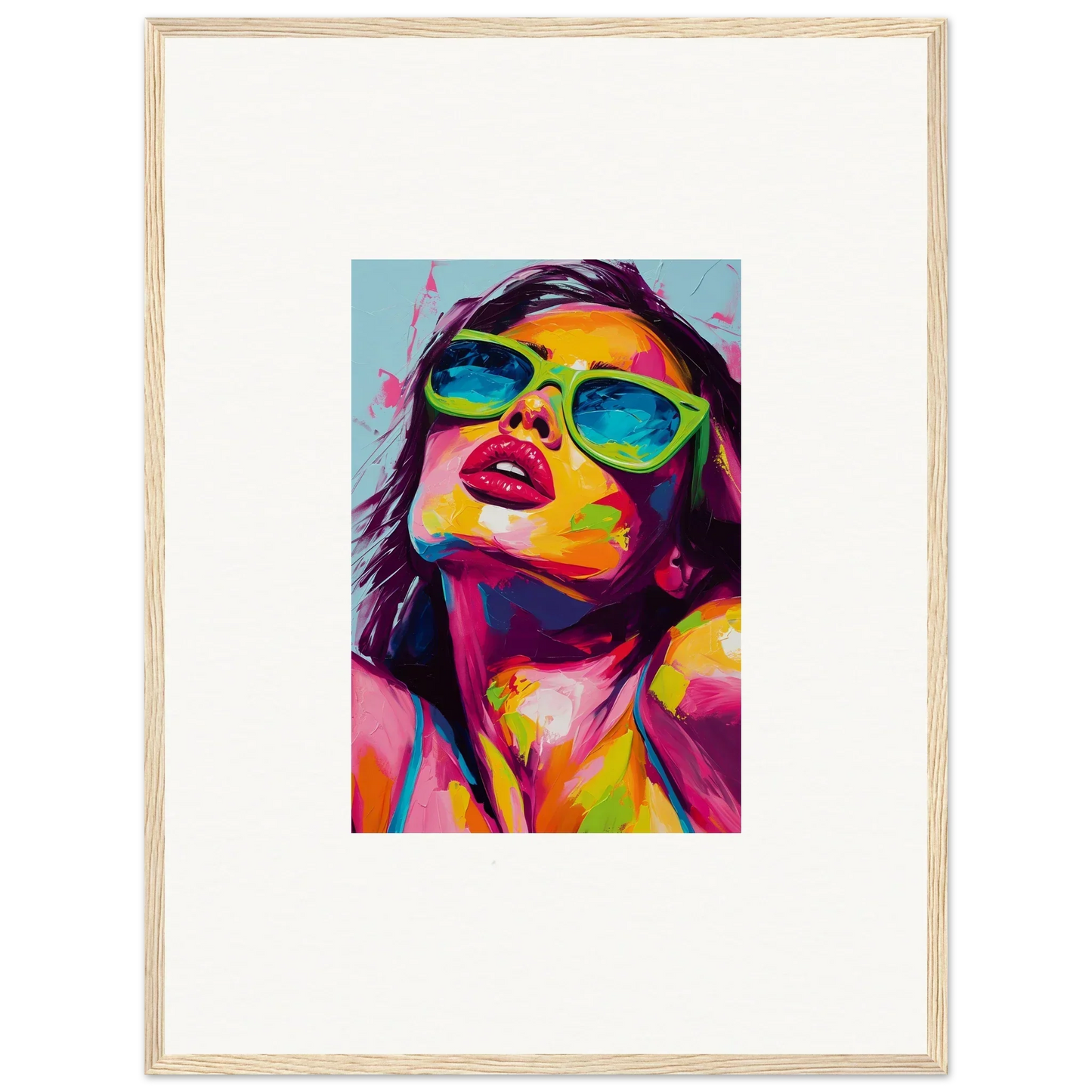Colorful pop art portrait of a woman in sunglasses, perfect for chromatic sanctuary room decor