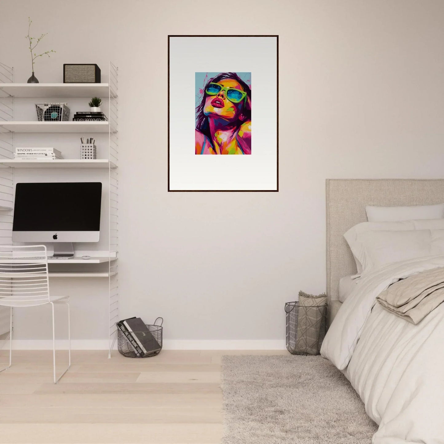 Colorful abstract portrait painting in a thin black frame for vibrant room decor