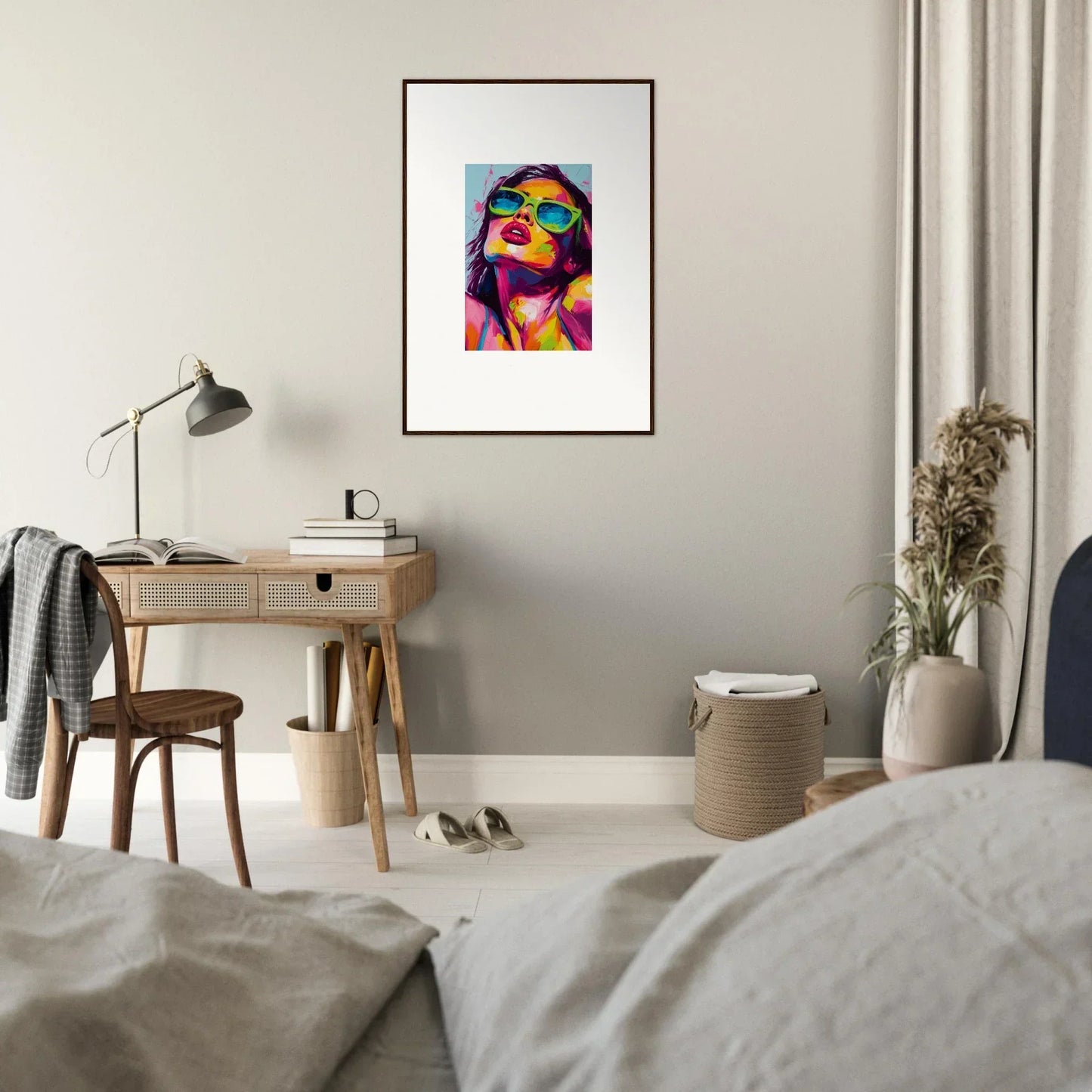Colorful pop art portrait in a black frame for stylish room decor in Chromatic Sanctuary