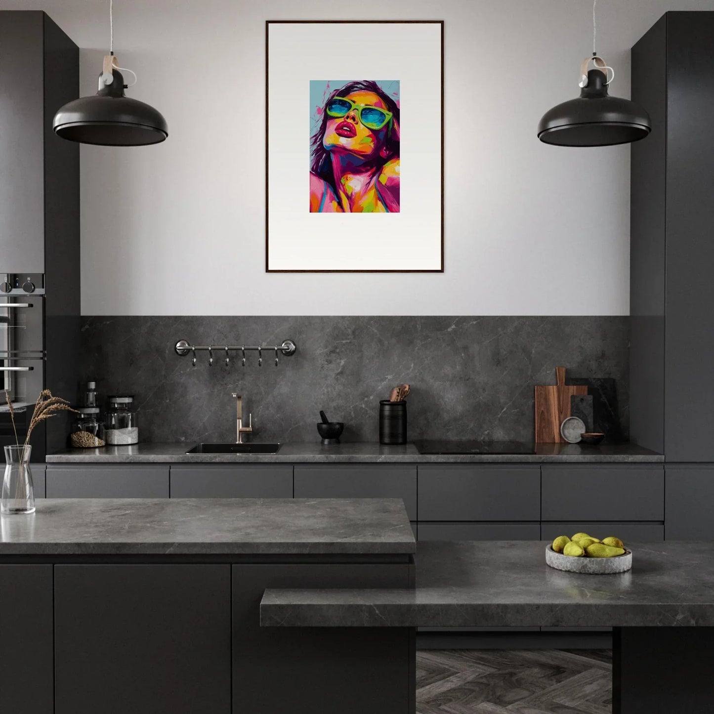Modern kitchen showcasing dark cabinetry and colorful framed wall art in a chromatic sanctuary