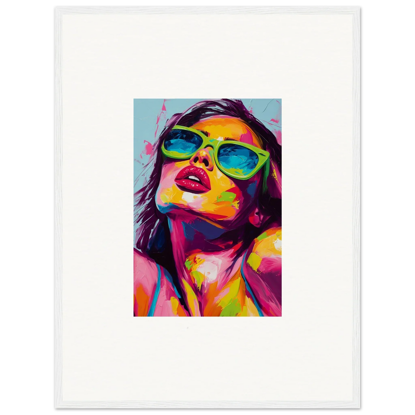 Vibrant pop art portrait of a woman in sunglasses for Chromatic Sanctuary room decor