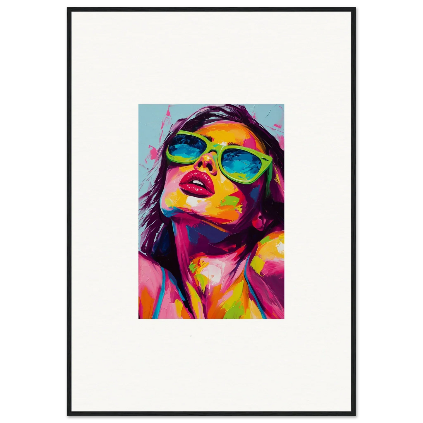 Colorful pop art portrait of a person in sunglasses for Chromatic Sanctuary room decor