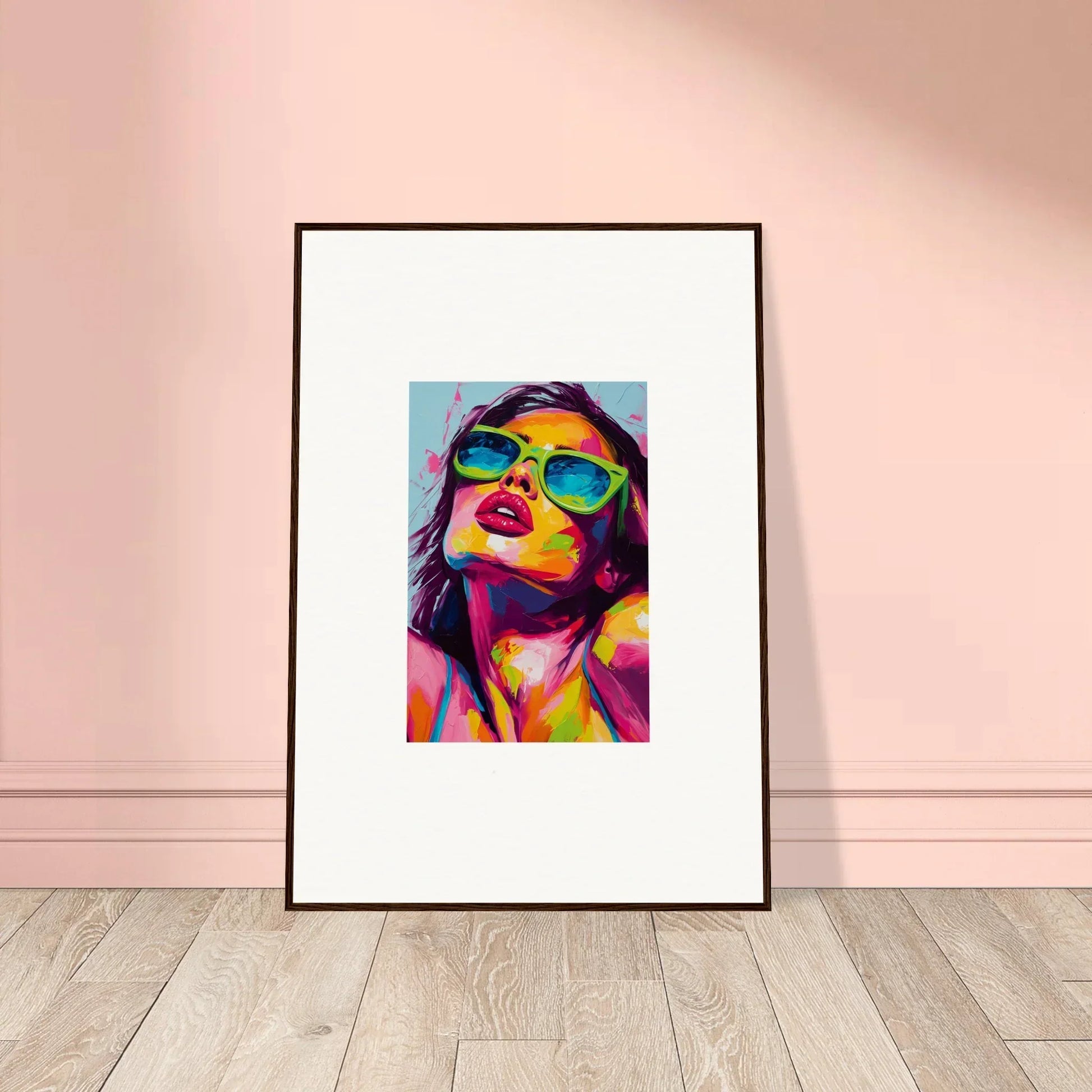 Framed pop art portrait with sunglasses for vibrant chromatic sanctuary room decor