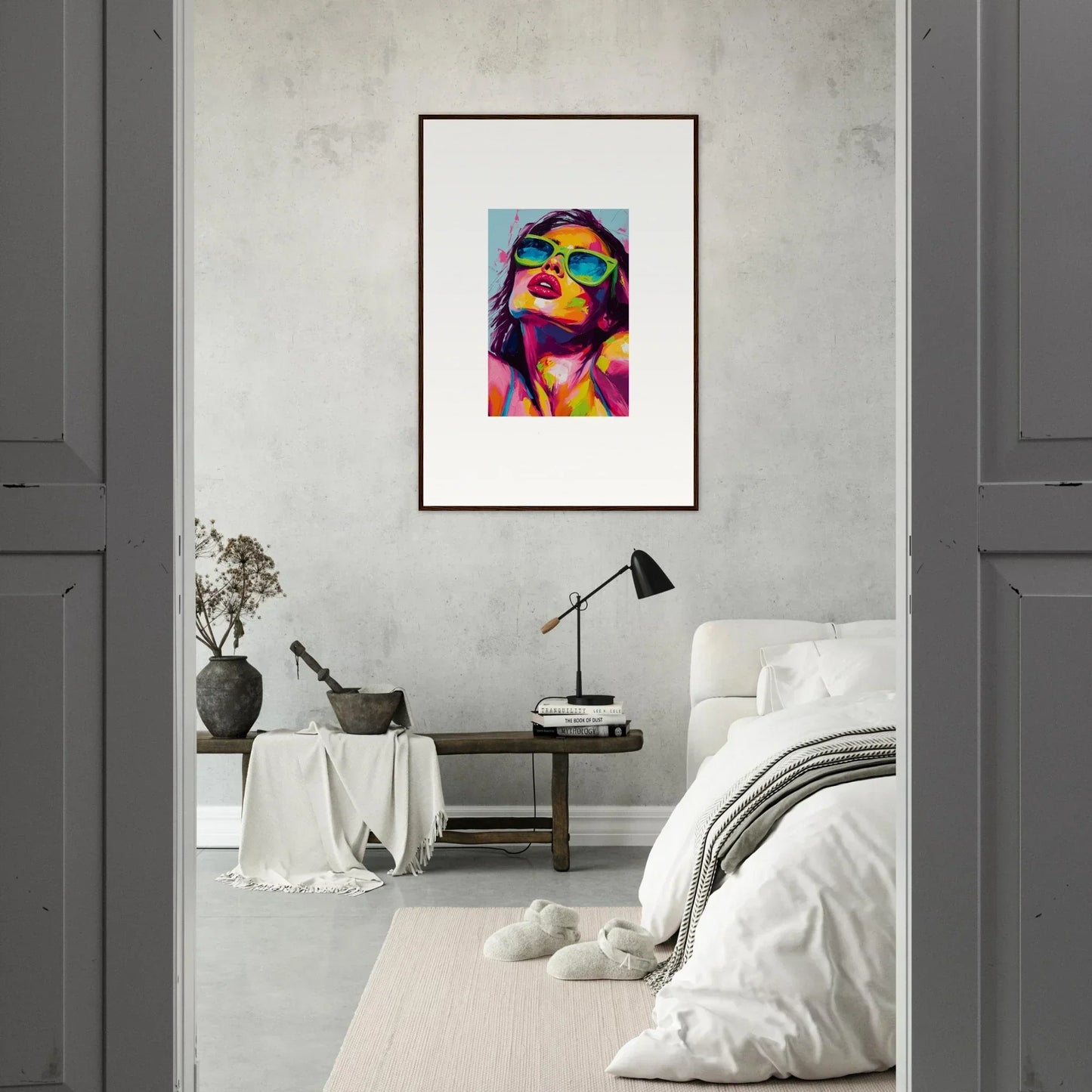 Colorful pop art portrait in sunglasses, ideal for a Chromatic Sanctuary wall decor