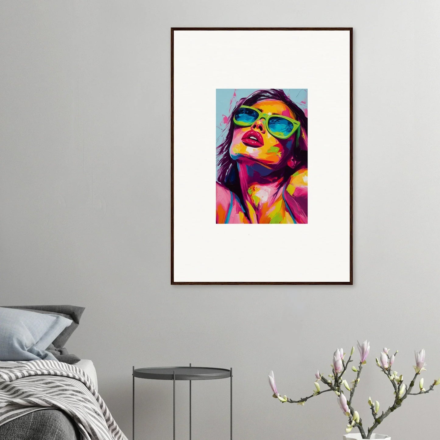 Colorful pop art portrait of a person in sunglasses for Chromatic Sanctuary wall decor