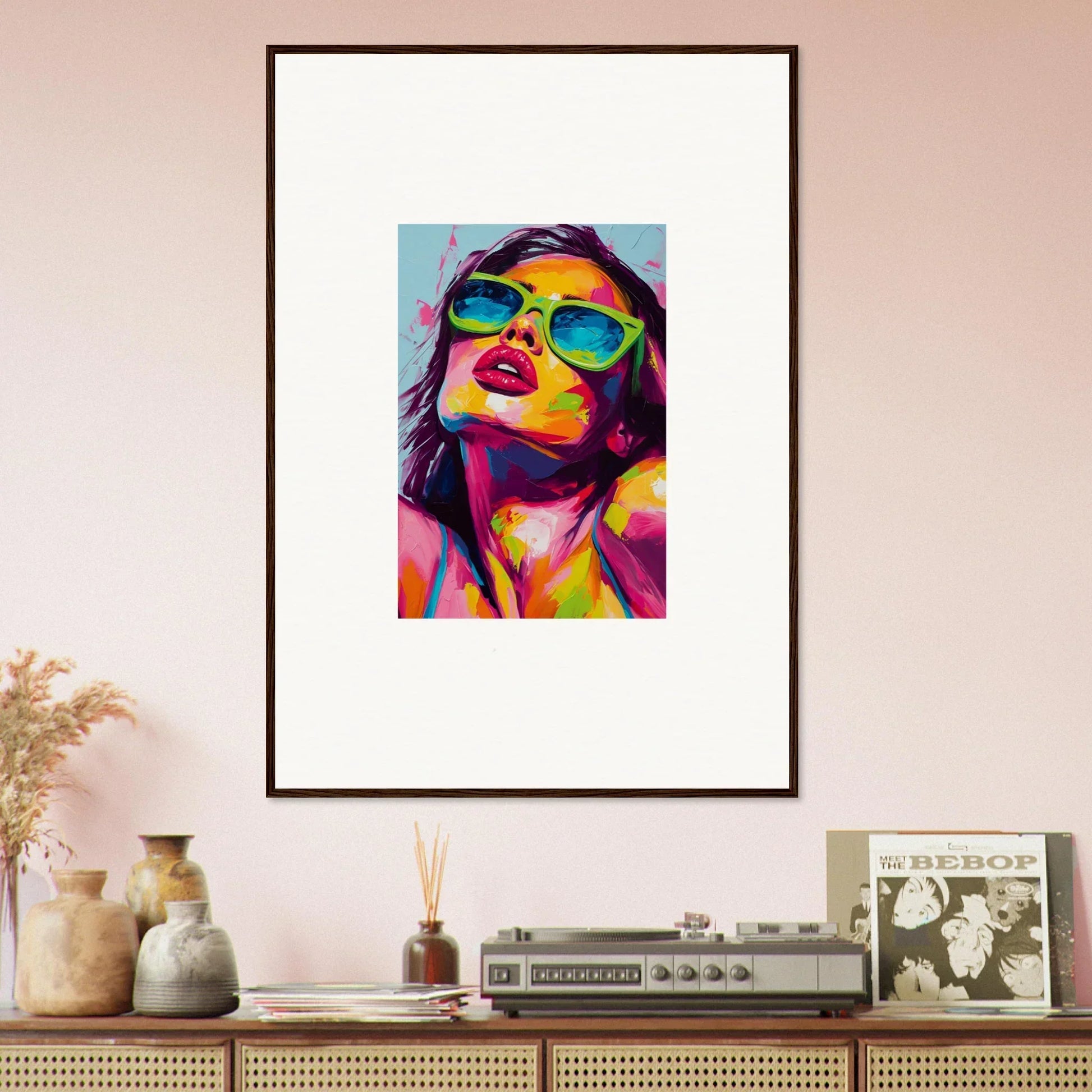Framed wall art featuring a colorful pop art portrait in a Chromatic Sanctuary theme