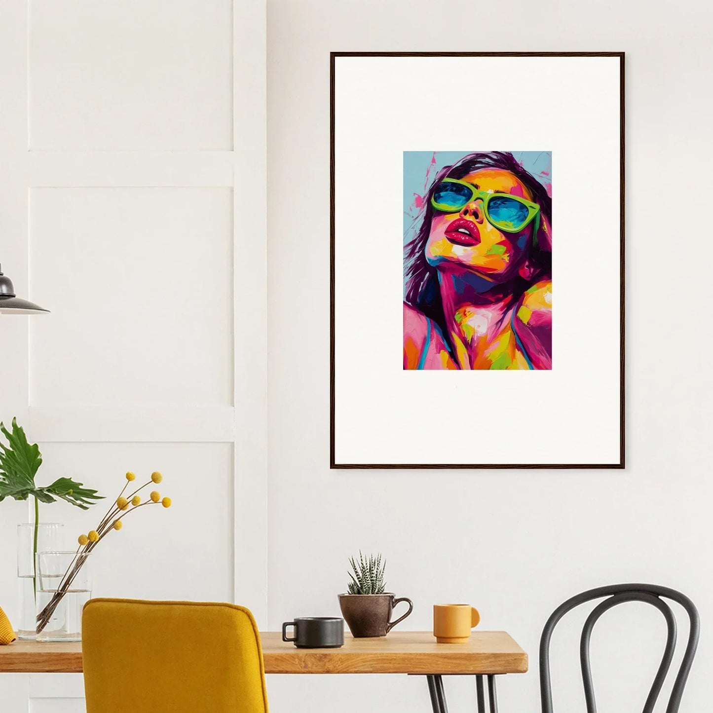 Colorful pop art portrait in a frame, perfect for a Chromatic Sanctuary room decor