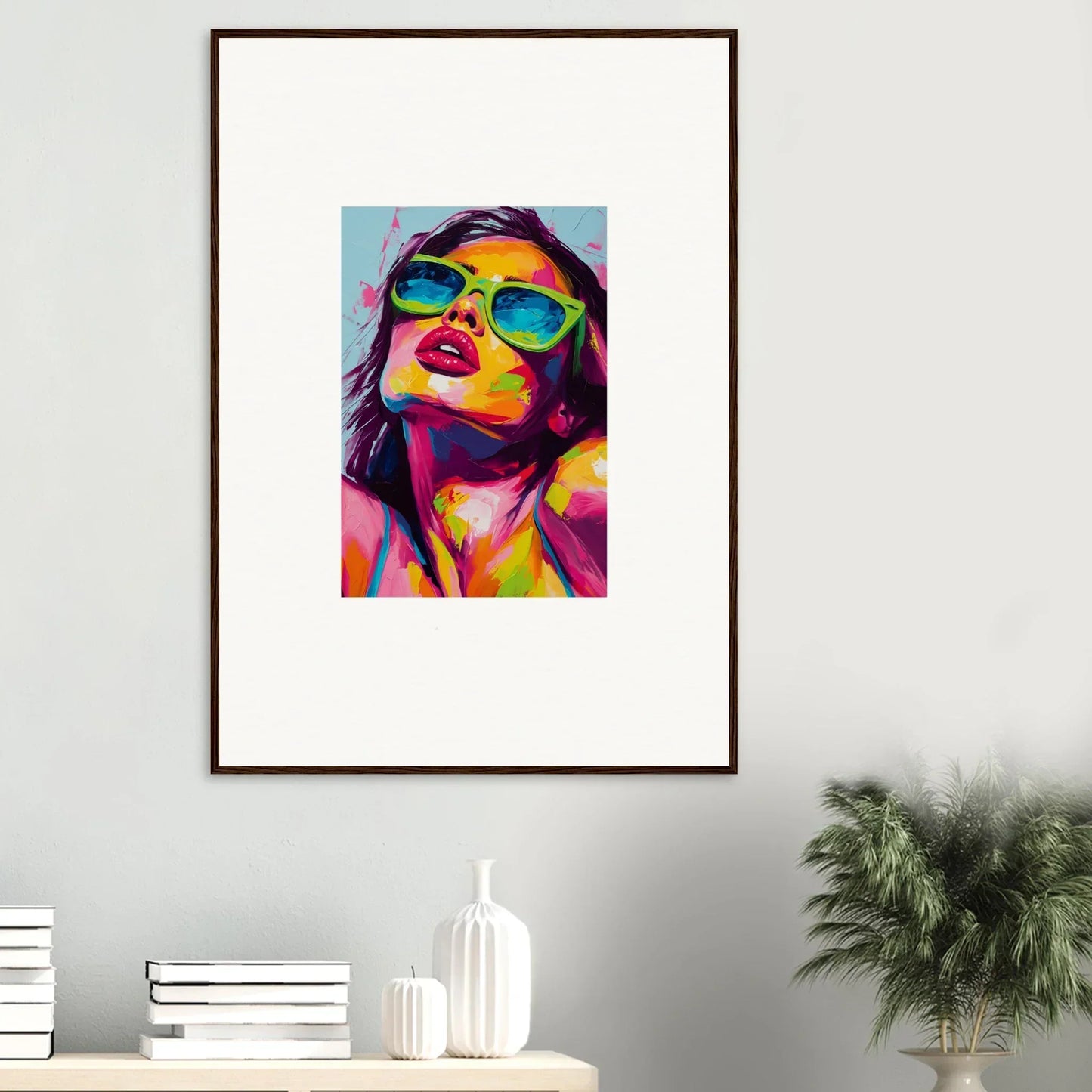 Colorful pop art portrait with sunglasses in wooden frame for chromatic sanctuary room decor