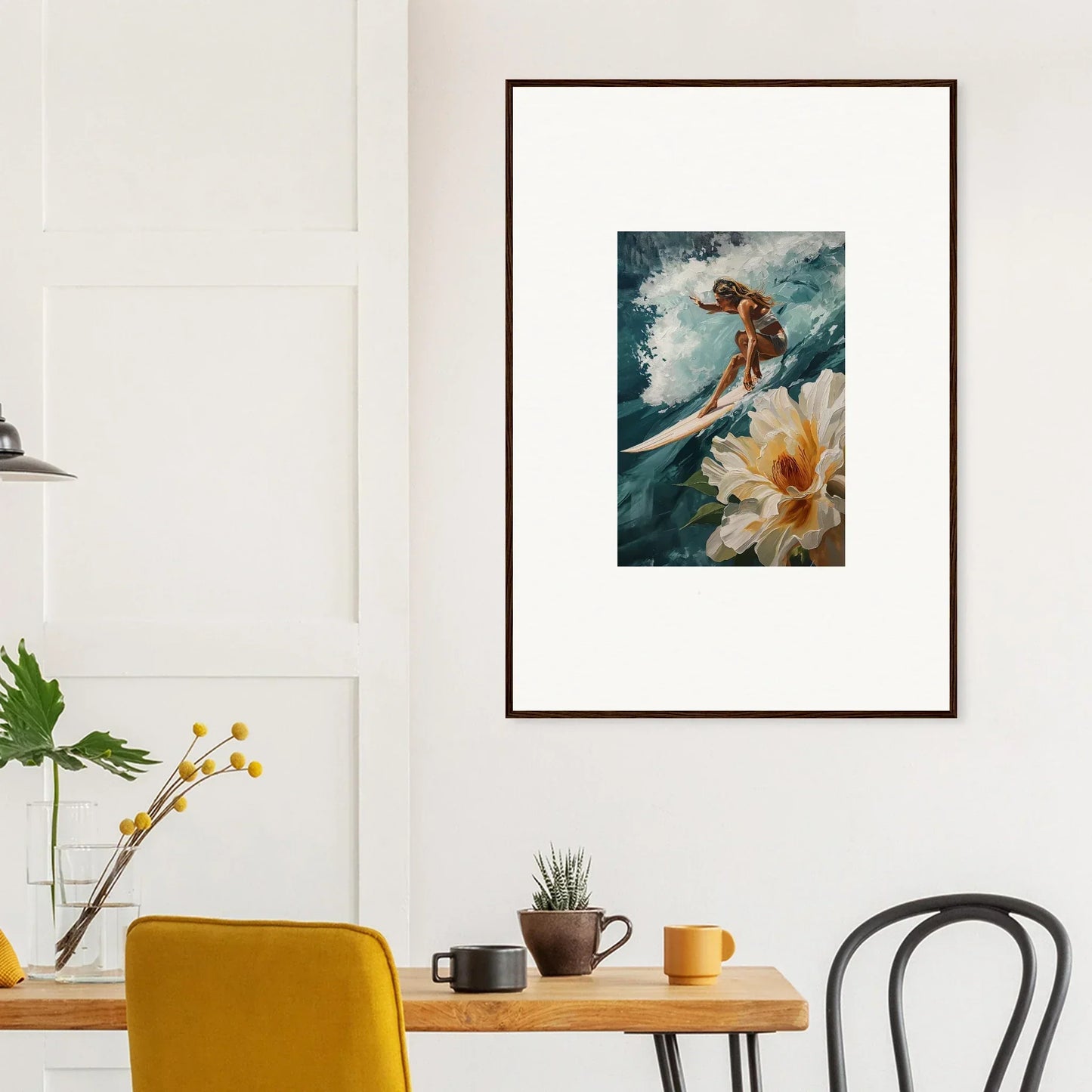 Framed wall art of a surfer riding a wave with flower for vibrant room decor