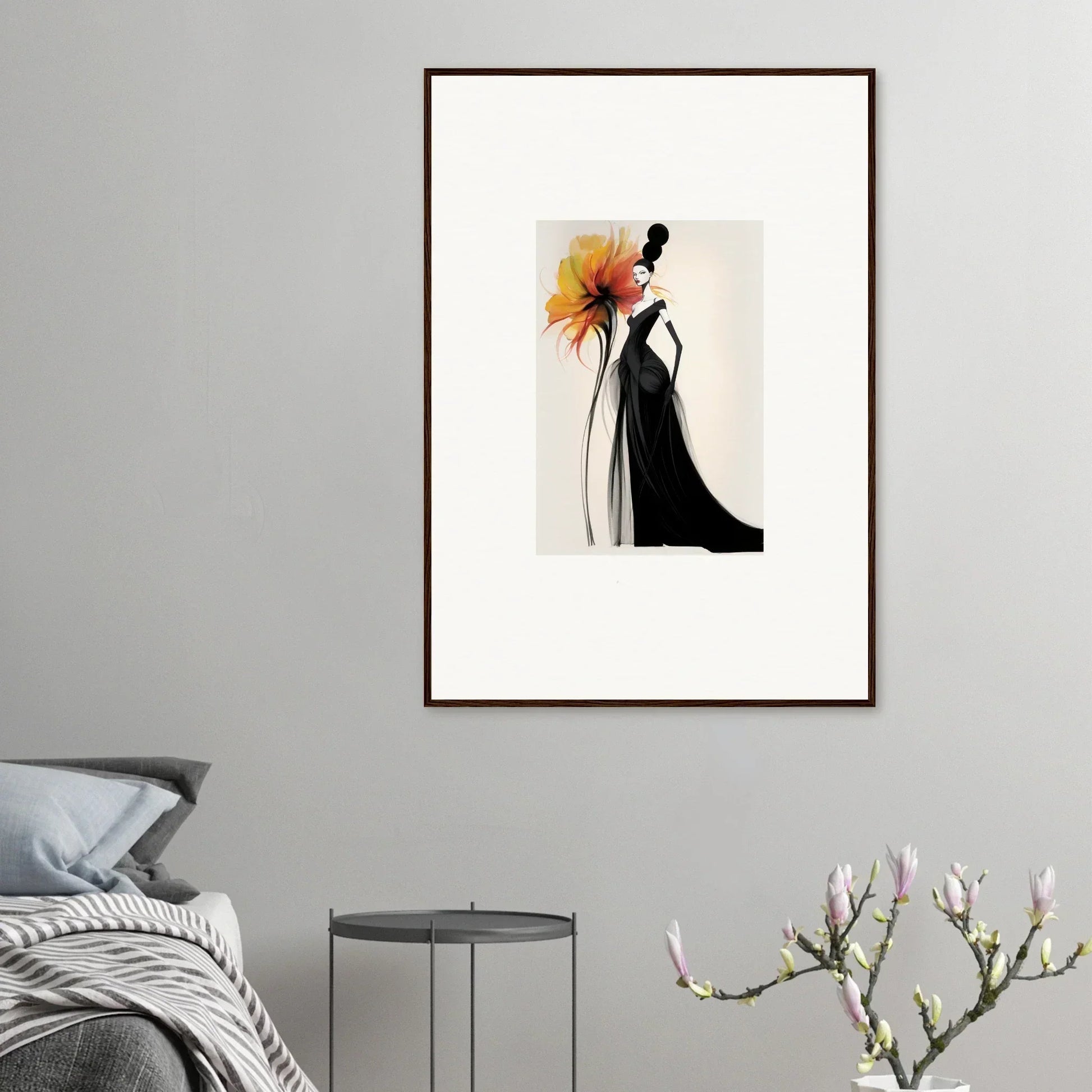 Elegant watercolor silhouette in black dress with orange flower for Surreal Feline Radiance framed wall art