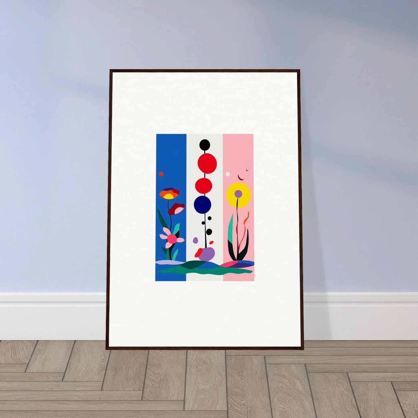 Framed canvas print of Fleur Fantaisie with colorful geometric shapes for room decoration