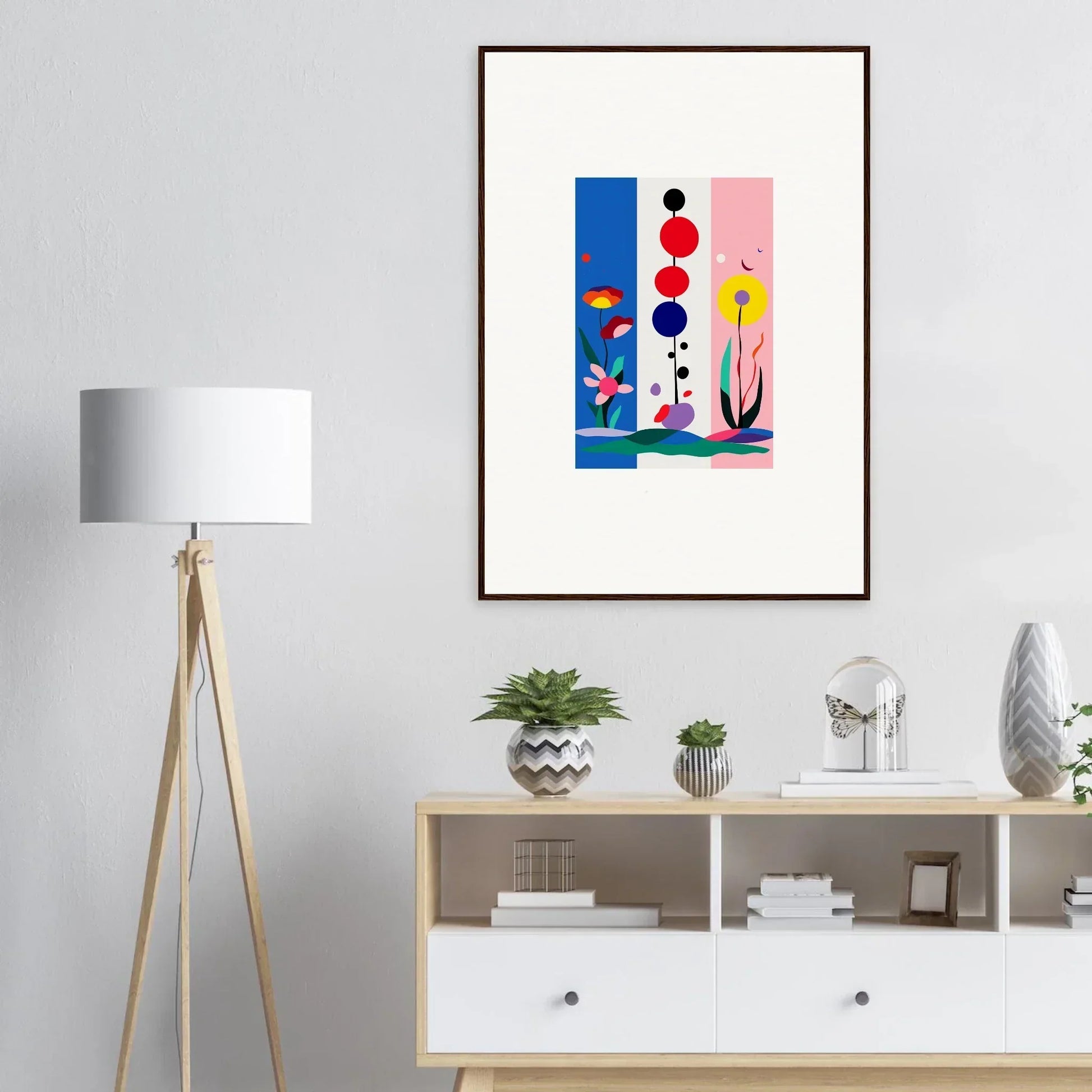 Colorful geometric shapes and floral elements in Surreal Fleur Fantaisie canvas print for room decoration