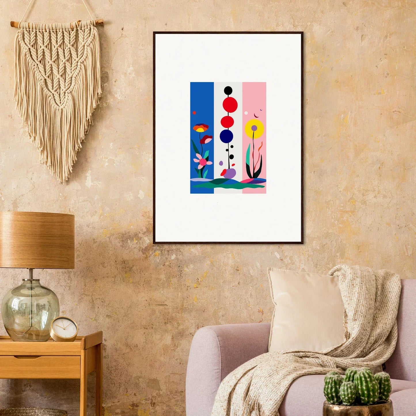 Framed Surreal Fleur Fantaisie abstract canvas print with colorful shapes for room decoration