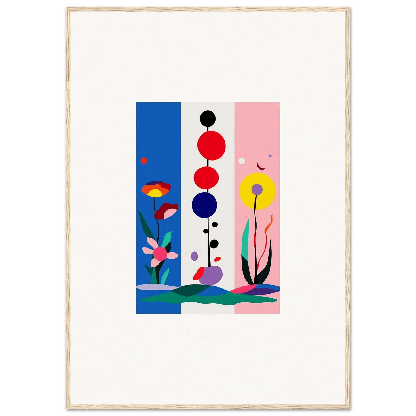 Colorful abstract canvas print with geometric shapes and floral elements for room decoration