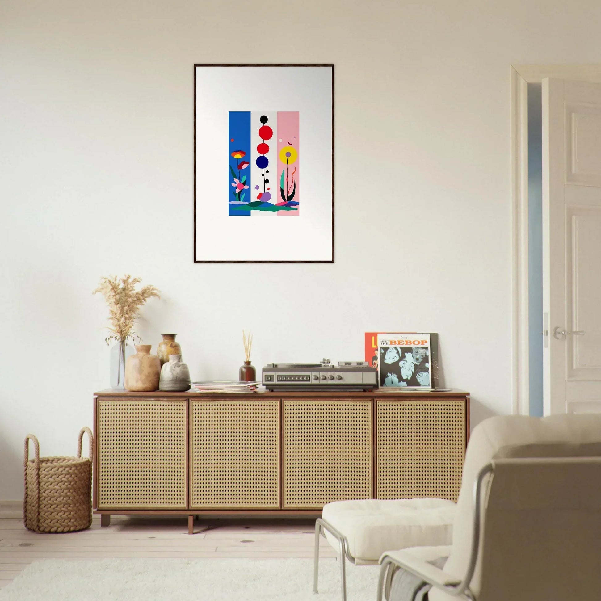 Wooden sideboard with rattan doors and decorative items for a chic Fleur Fantaisie vibe