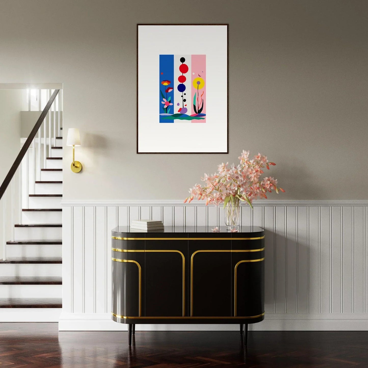 Colorful geometric shapes and floral elements in Surreal Fleur Fantaisie canvas print for room decoration