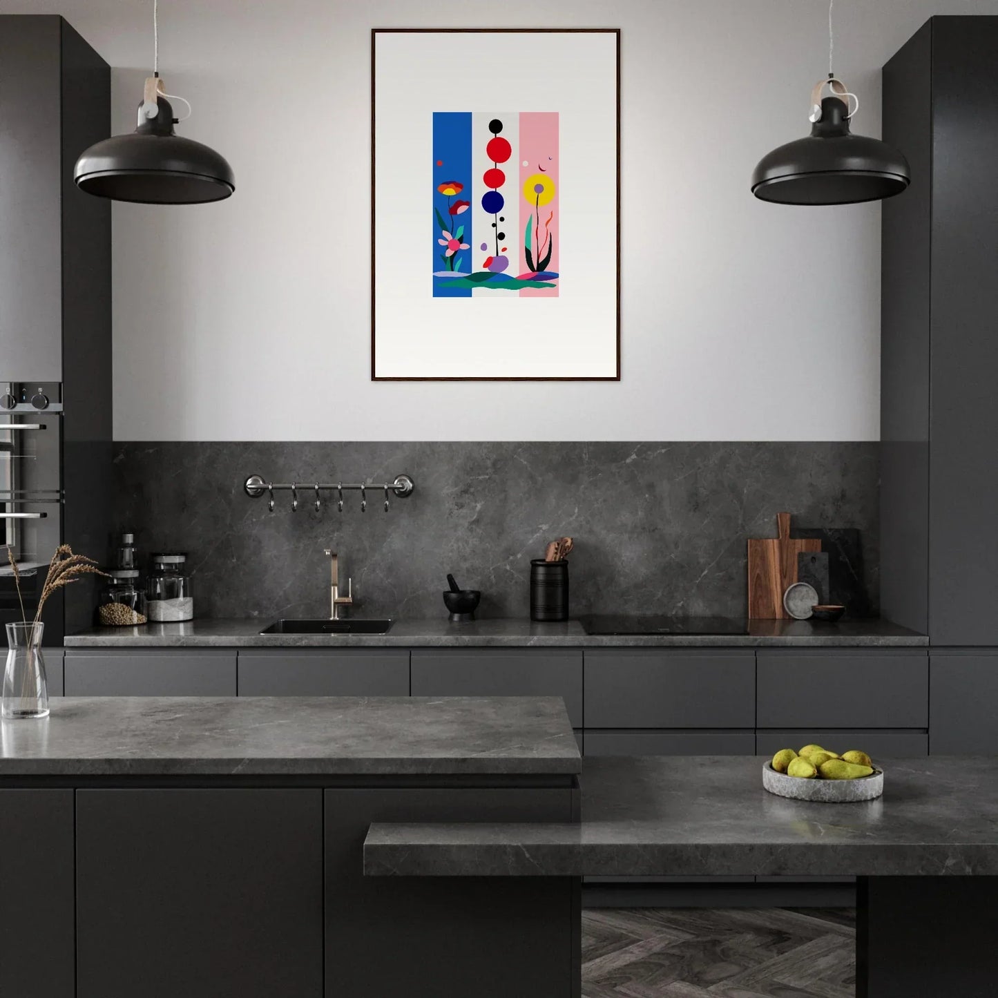 Modern kitchen with dark cabinetry and colorful Fleur Fantaisie canvas print for room decoration