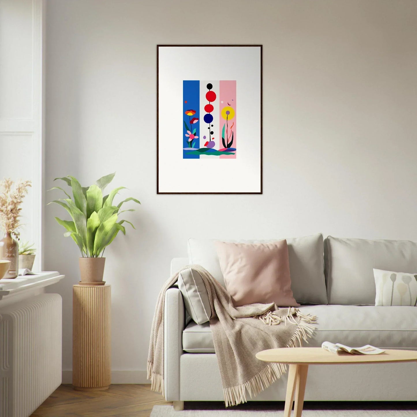 Framed abstract canvas print of colorful geometric shapes and Fleur Fantaisie for room decoration