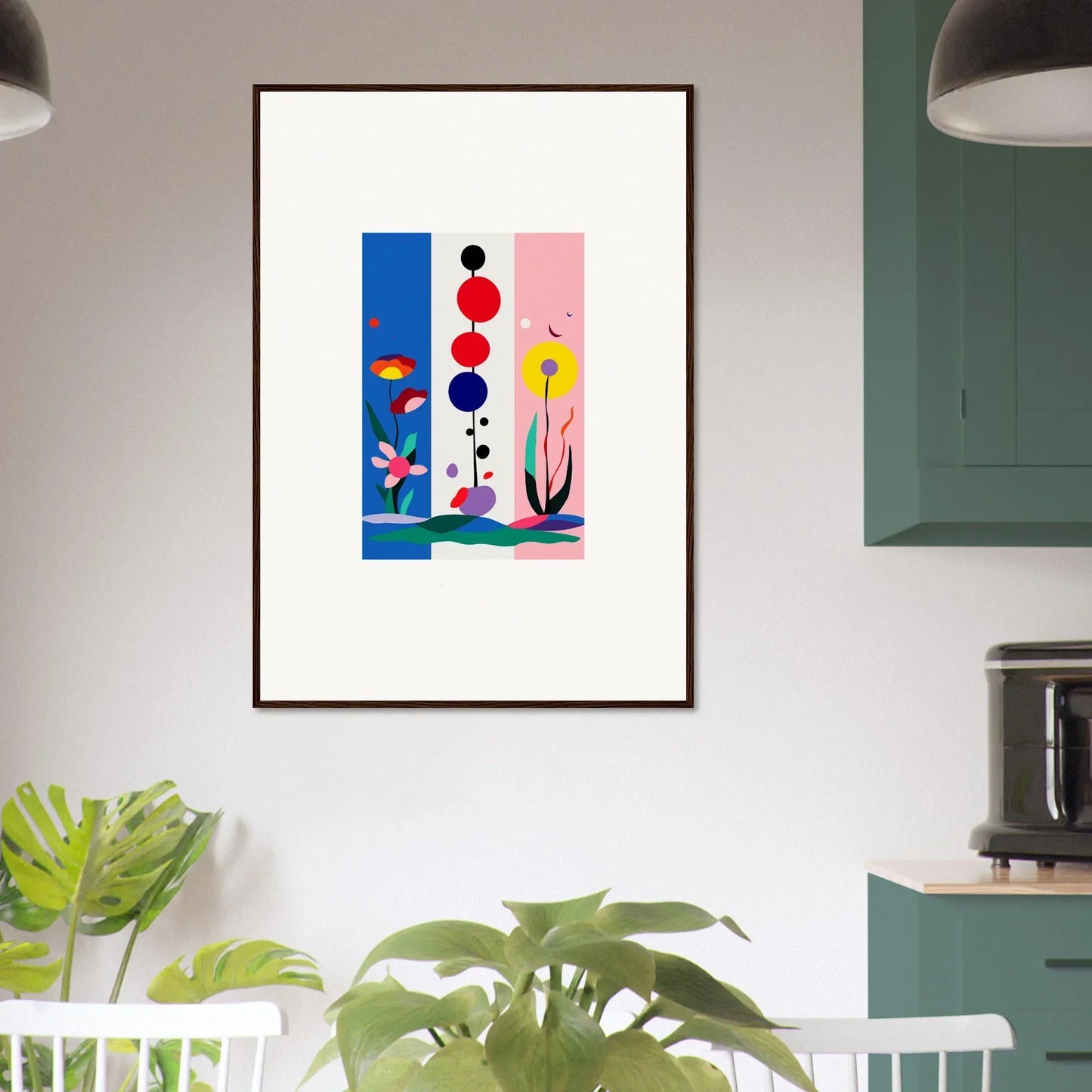 Colorful geometric shapes and floral elements in Surreal Fleur Fantaisie canvas print for room decoration