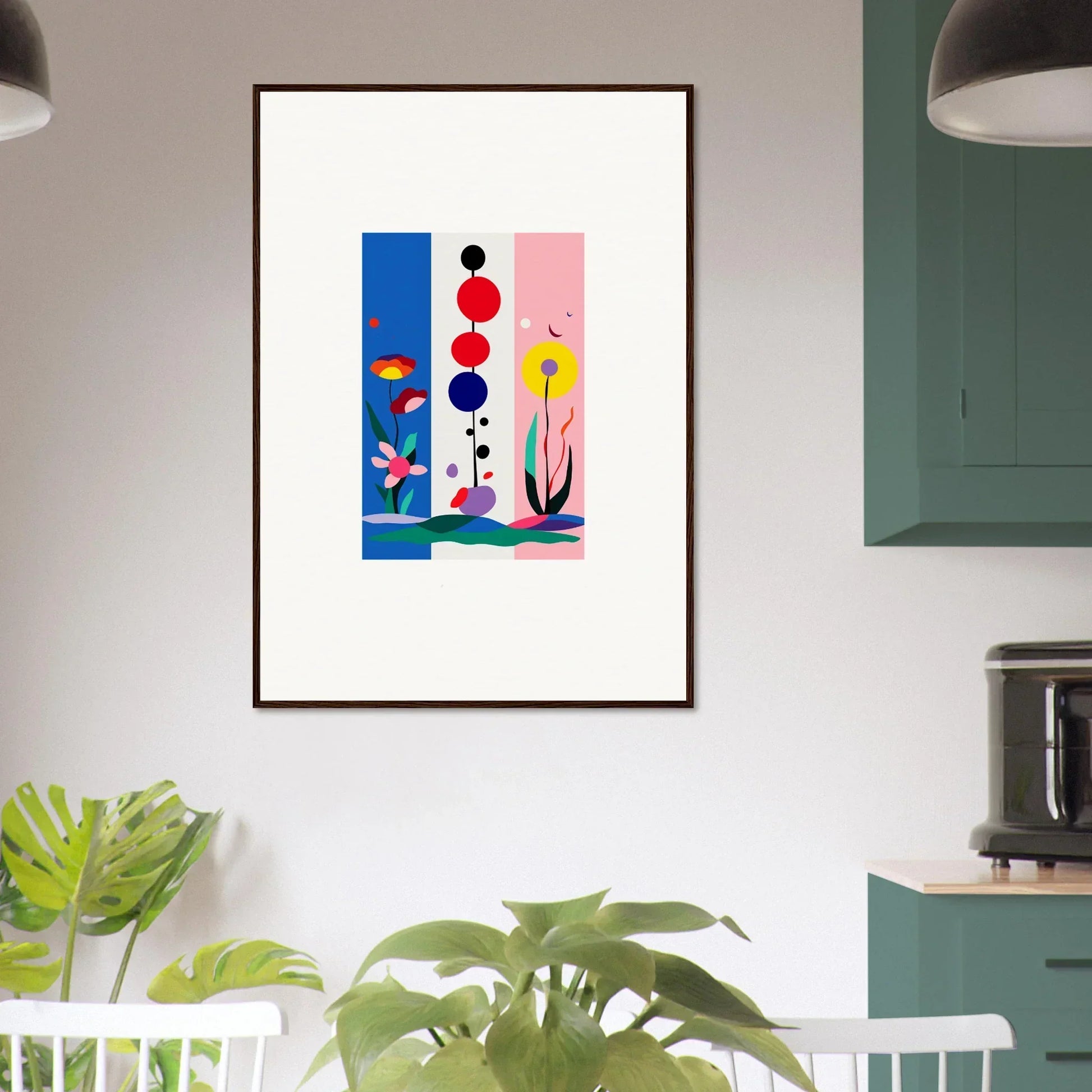 Colorful geometric shapes and floral elements in Surreal Fleur Fantaisie canvas print for room decoration