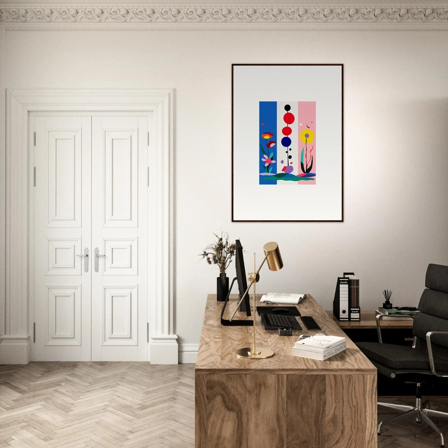 Wooden desk with typewriter and books for a stylish room decoration with Fleur Fantaisie vibe