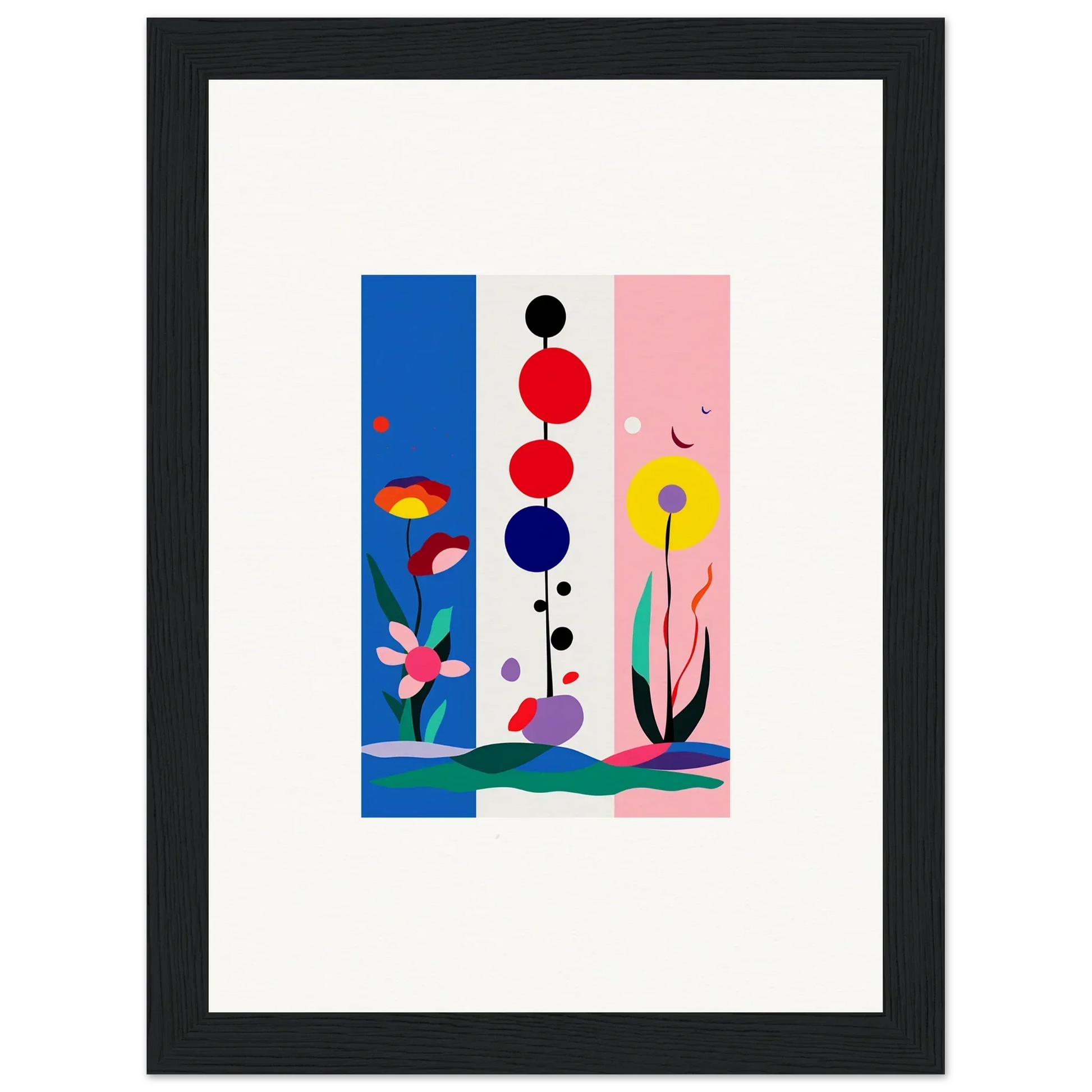 Colorful abstract canvas print with geometric shapes and floral elements for room decoration