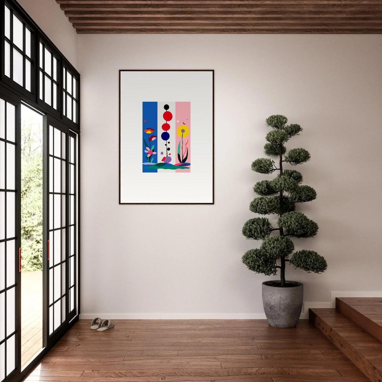 Colorful abstract floral shapes on canvas print, perfect for stylish room decoration